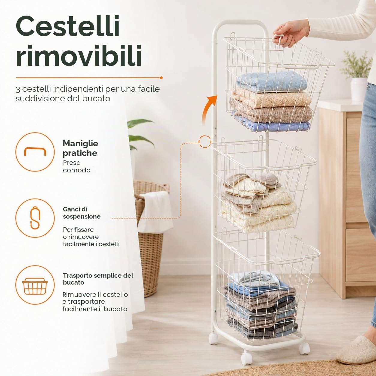 Cesto portabiancheria a 3 scomparti, con 4 ruote e cestini rimovibili | Cestino per bucato in metallo a 3 livelli, bianco. Capacità di 22 libbre per scaffale. Cassetti rimovibili con maniglie
