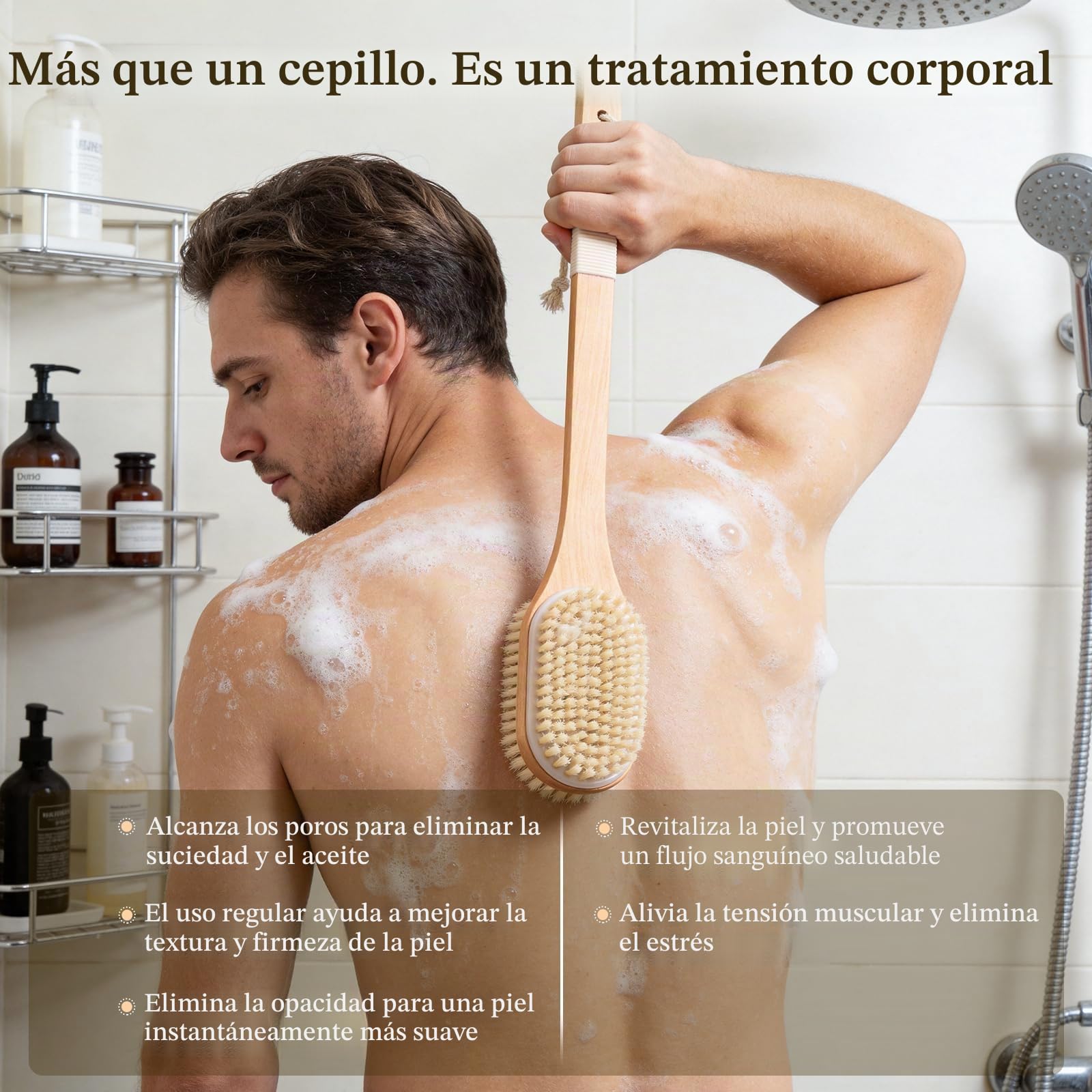 Blendura Cepillo Exfoliante Corporal Mango Largo, Uso Seco y Húmedo, Cepillo de Ducha para Cuerpo y Espalda, 43 cm Longitud