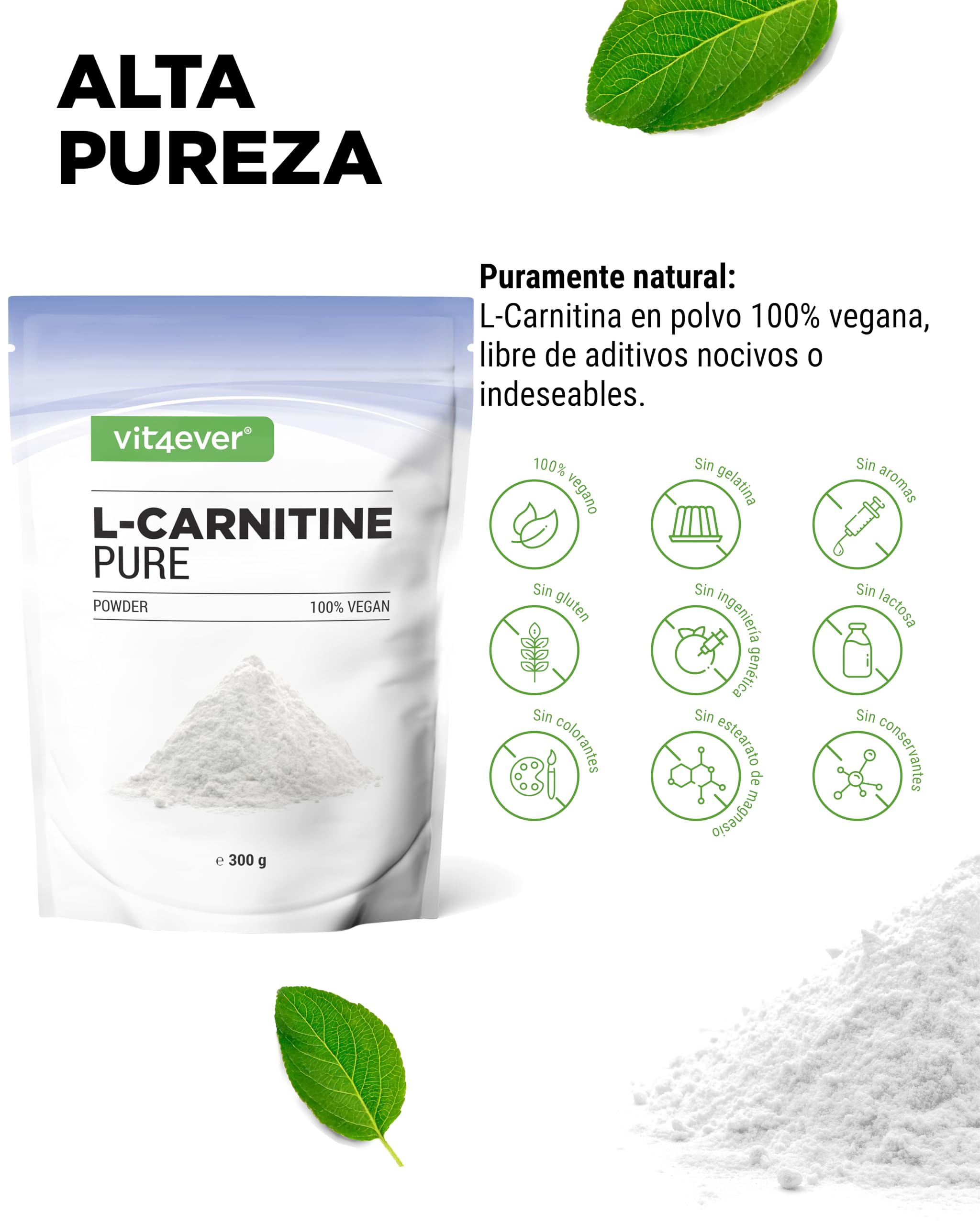 Pure L-Carnitine - 300g Pure Powder without Additives - 100% L-Carnitine  Tartrate - 100 Servings with 3000mg Carnitine Powder - Vegan