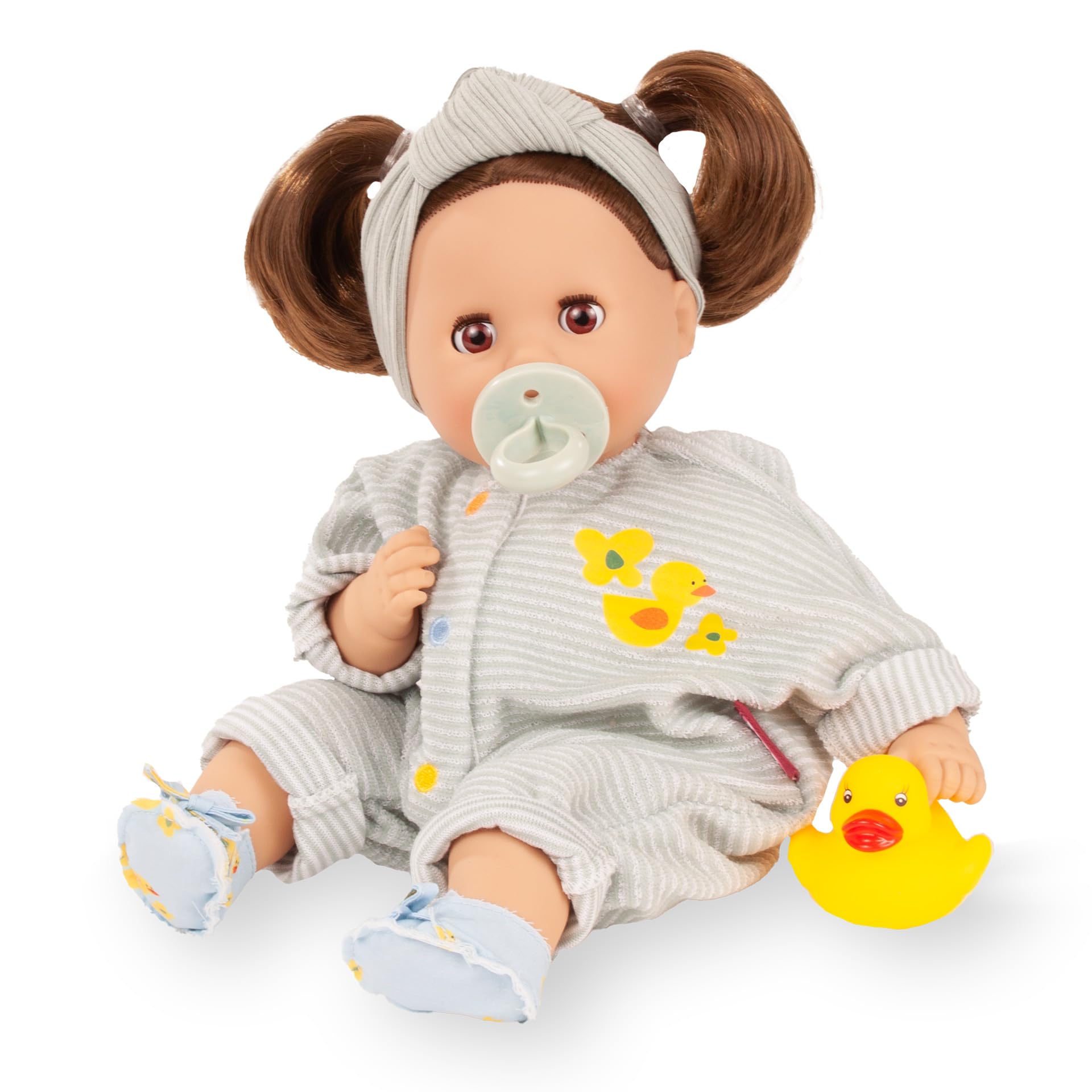 Götz 2616074 Cosy Aquini Little Duck Puppe 33 cm Badepuppe 7-TLG | für Kinder ab 3 Jahren, Babypuppe, Weichkörper, braune Schlafaugen, braune Haare, Schnuller und Badeente