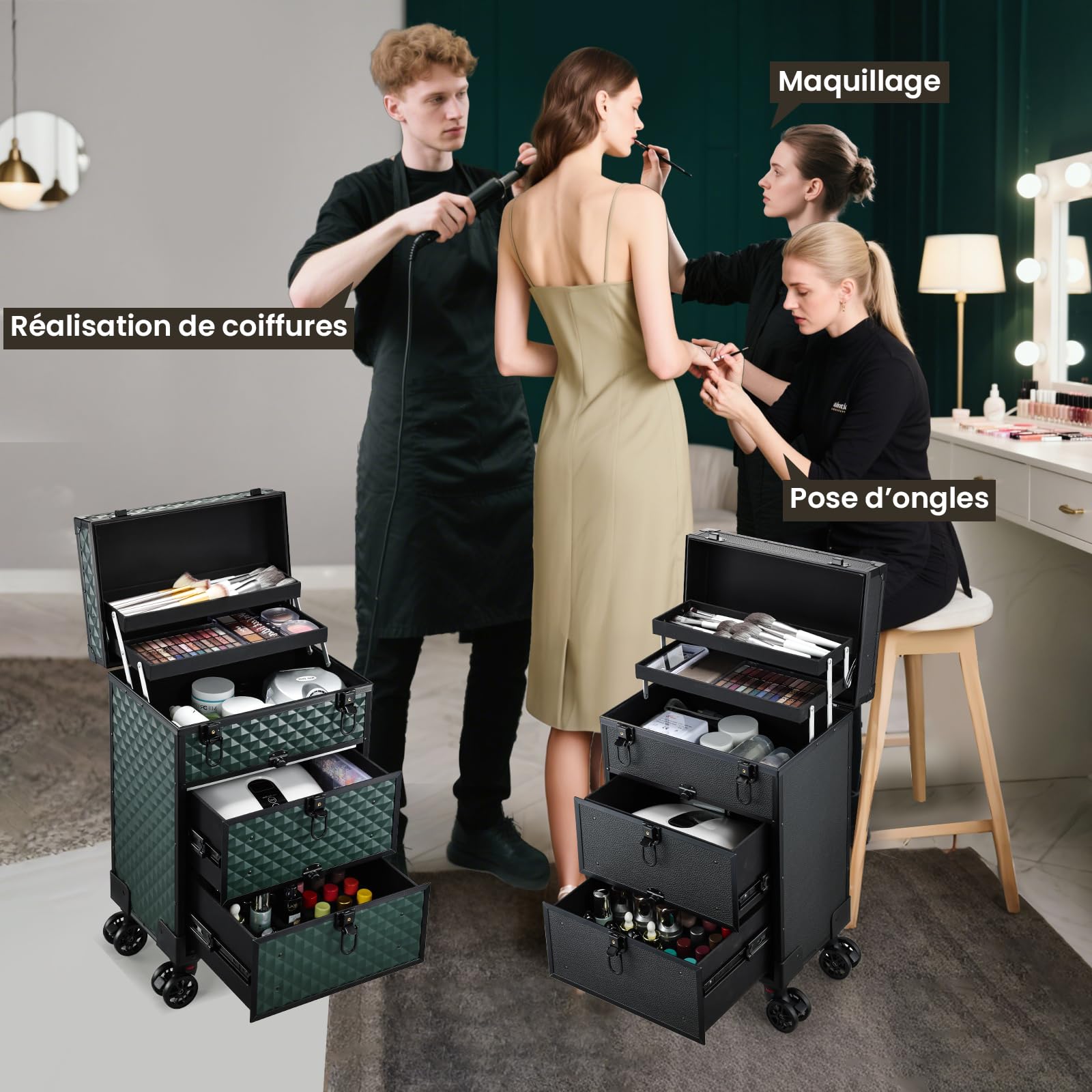 Valise Maquillage, Malette de Manucure et de Coiffure avec Roues 360°, Manche Téléscopique, 2 Plateaux et 2 Tiroirs, Imperméable, Vert - 2