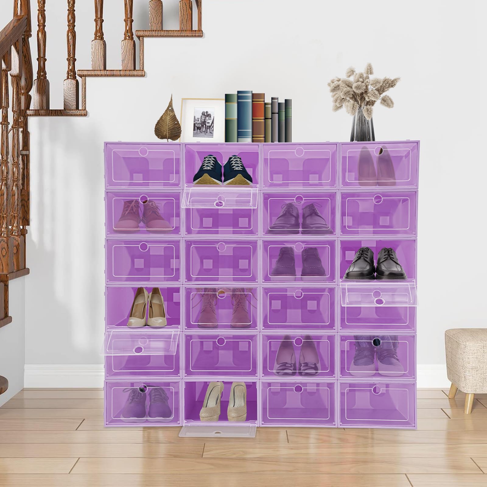 24 scatole per scarpe a forma rotonda, impilabili, trasparenti, con coperchio, per soggiorno, camera da letto, vestiti, libri, CD, cinture, 33 x 23 x 14 cm (viola)