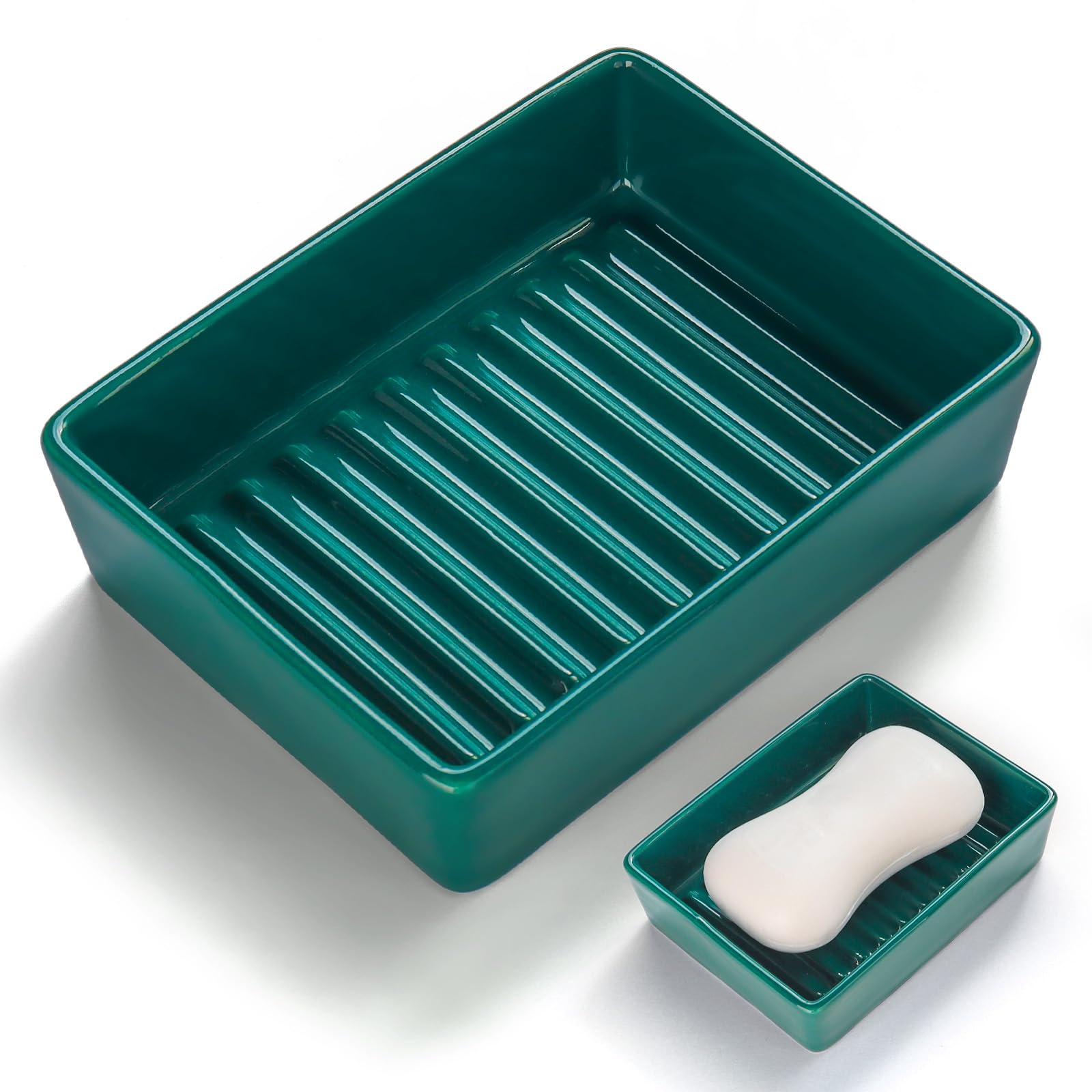 Simple Modern Ceramic Soap Dish for Bathroom Sink, Dark Green Decorative Soap Holder, Soap Bar Holder with Higher Draining Ridges for Shower, Kitchen, Easy to Clean