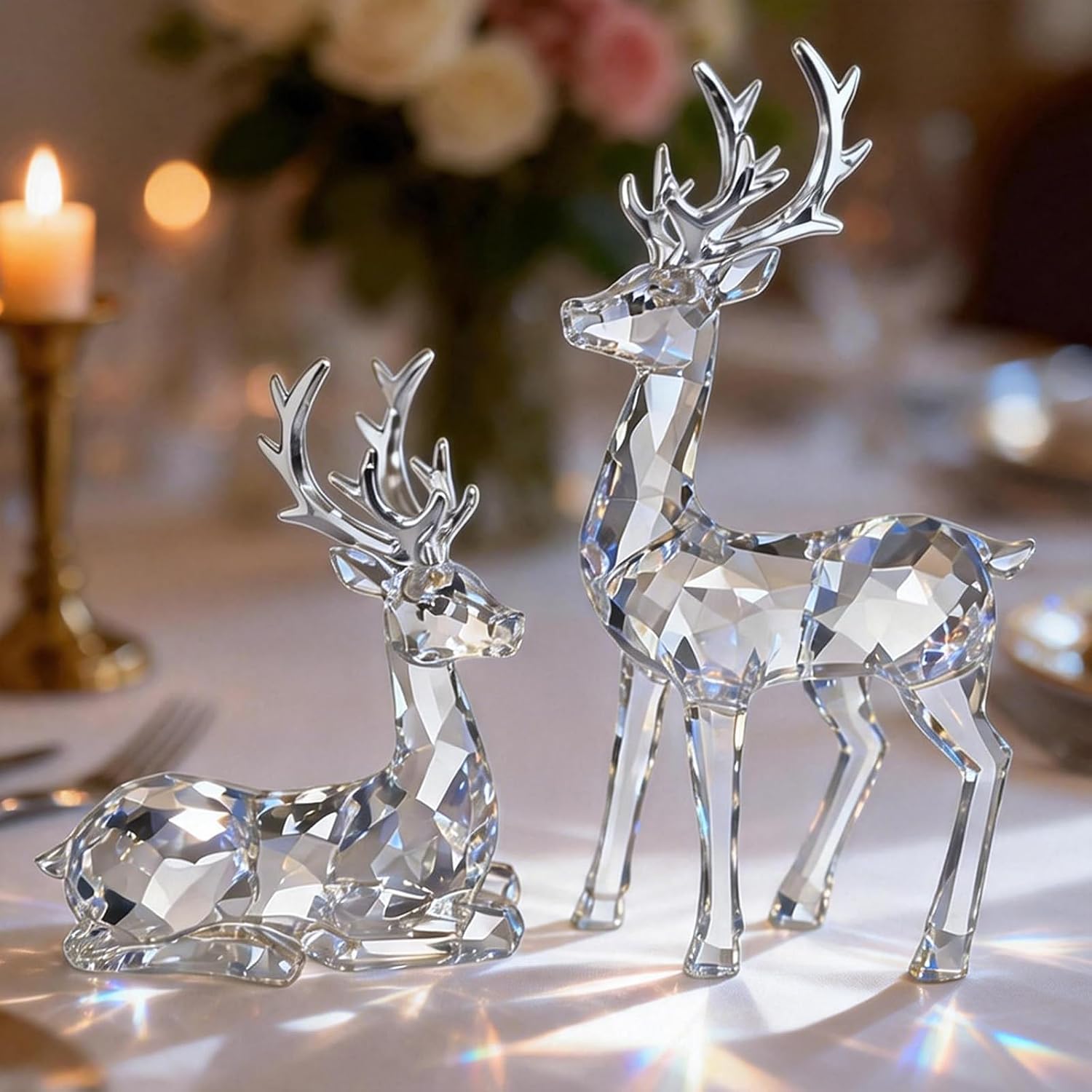 Acrylic Deer Figurines Set - Crystal Clear Standing & Sitting Reindeer Sculptures, Modern Mantel Decor Figurines, Ideal Housewarming Gift & Christmas Reindeer Decor for Dining Table, Entryway, Shelf