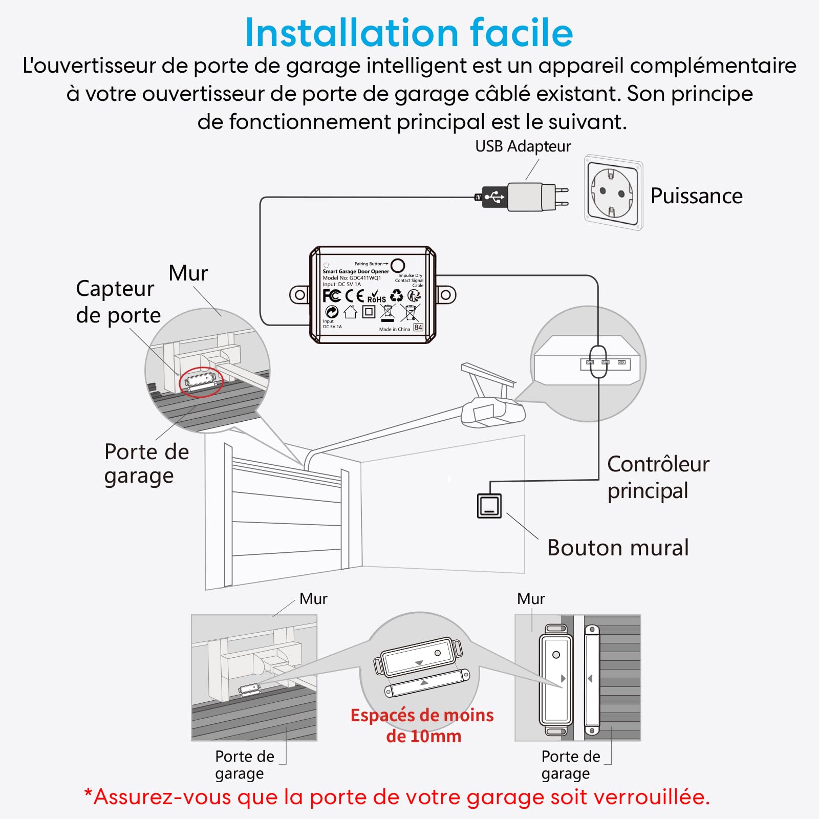 LoraTap Ouvre-Porte de Garage Connecté WiFi avec Télécommande RF, Interrupteur de Porte Intelligent, Compatible avec Alexa, Kits Smart Module Commutateur pour Portail Coulissant