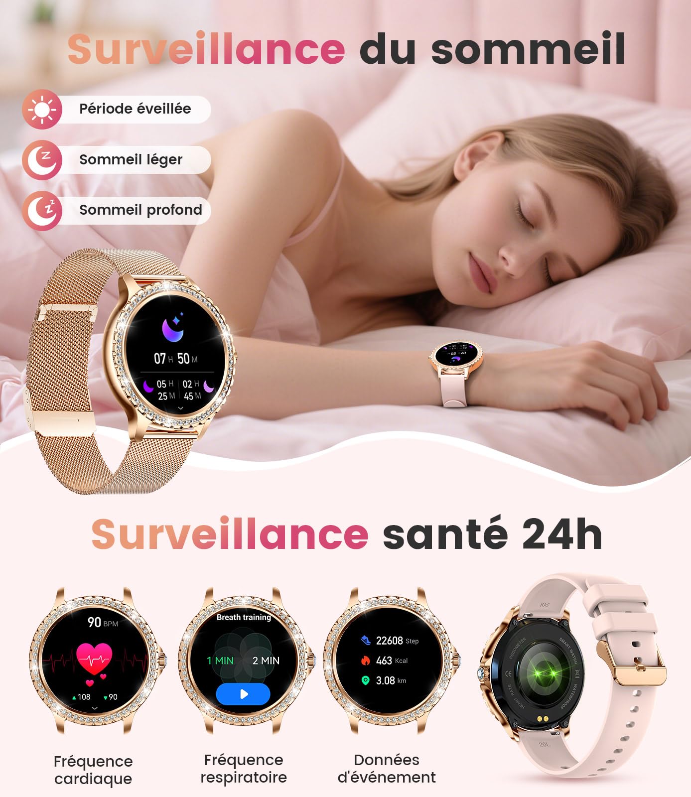 LIGE 1.32" HD Montre Connectée Femme avec Appel Bluetooth, Smartwatch IP68 avec Fonction Féminine/120+ Modes Sport/Fréquence Cardiaque/Sommeil/Cycle menstruel/Podomètre Calories pour Android iOS