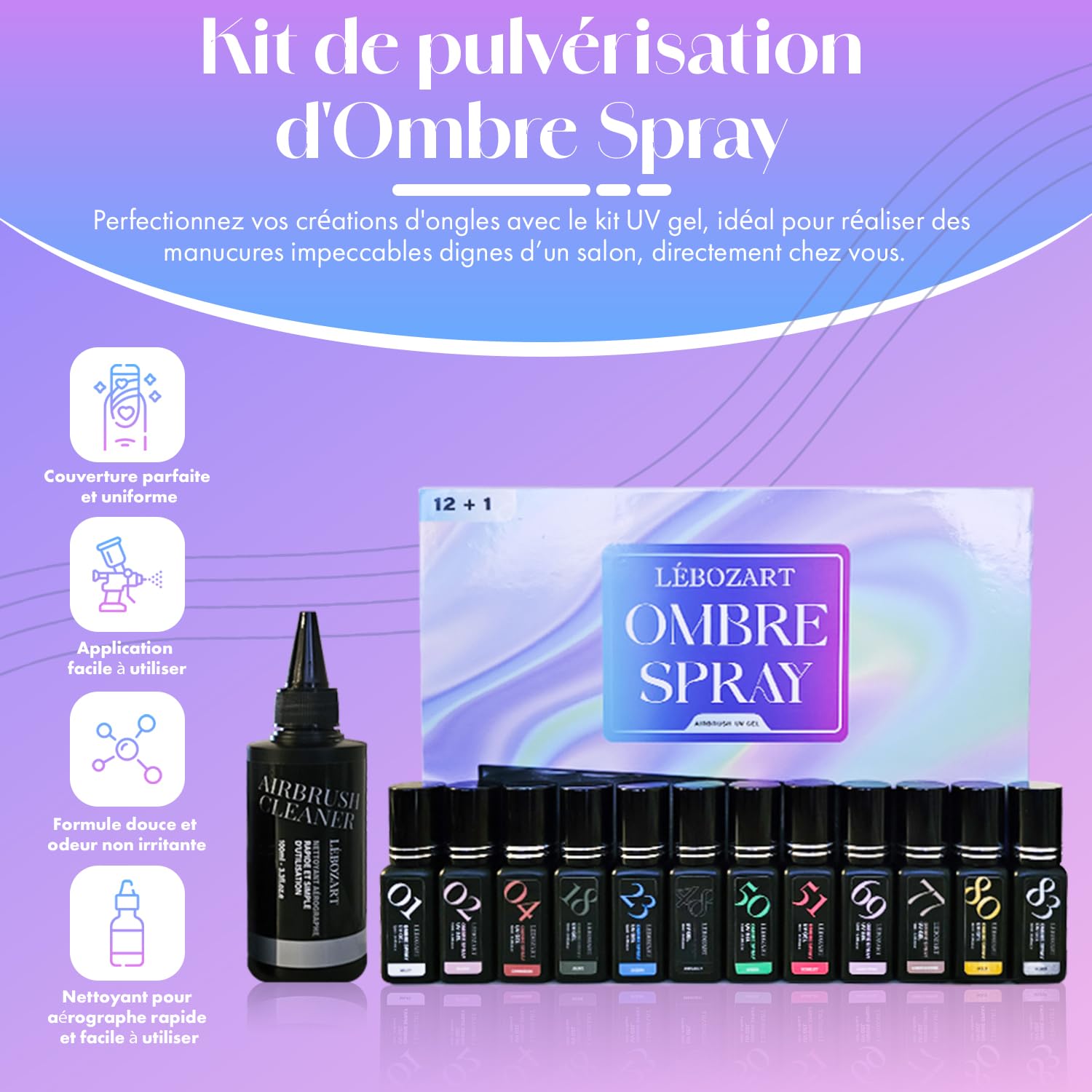 Kit 12 Vernis Semi-Permanent Gel UV Airbrush Ongle – Nail Art – Séchage Rapide Lampe UV/LED – Haute Pigmentation – Manucure Ongles – Nettoyant aérographe – Pochoir