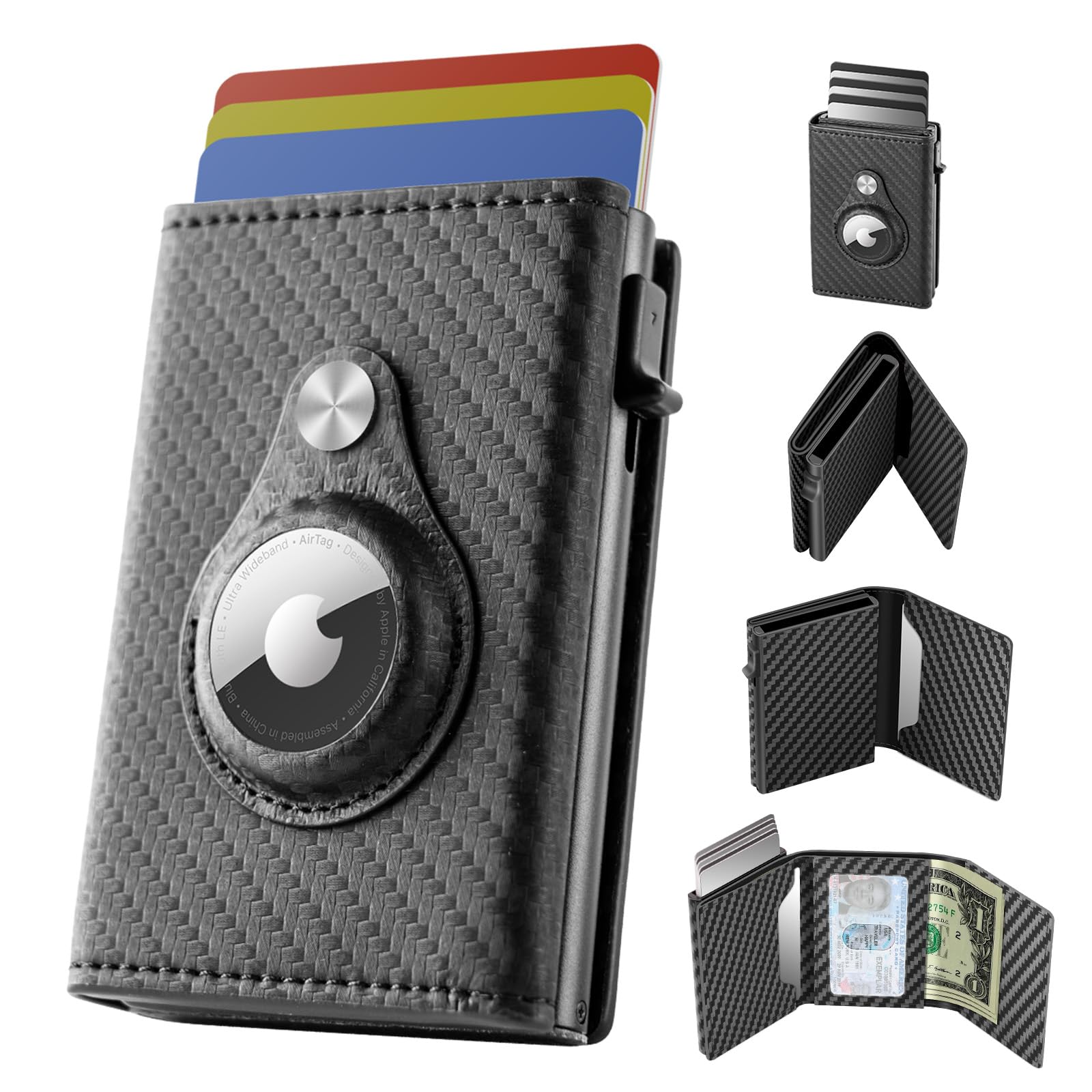 WELLNEC Card Holder Wallet with Airtag Holder & ID Window Pop Up Slim Leather Wallet RFID Blocking Magnetic Closure for Credit Cards and Cash Black