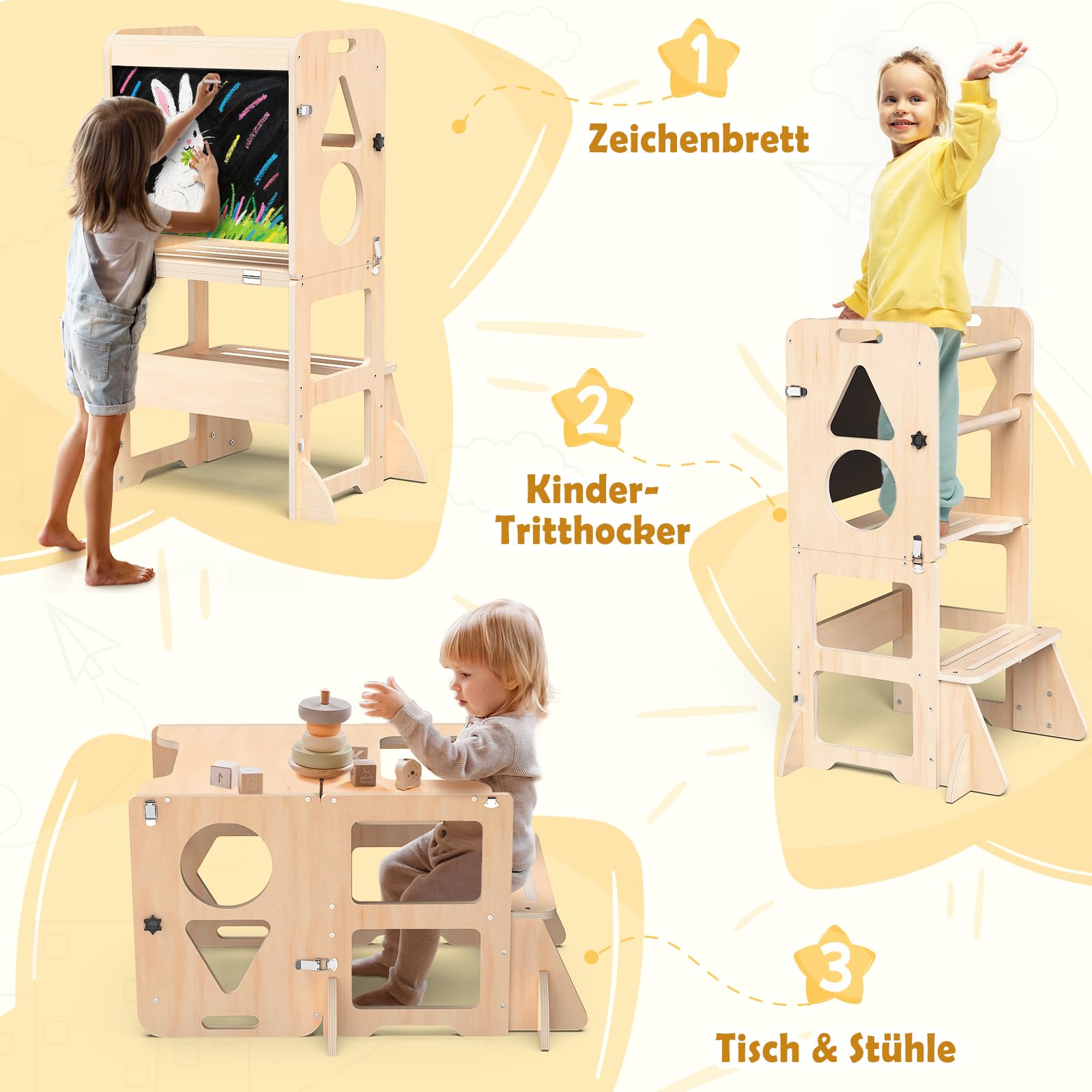 Woodure Lernturm ab 1 Jahr | 3 in 1 Learning Tower für Kinder | Klappbare Tritthocker mit Tafel | Lernturm Für Kinder, für Küche Tisch Bad