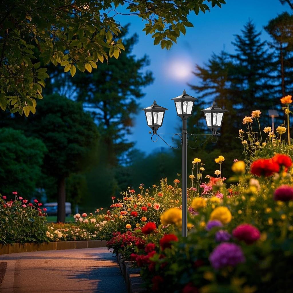 72" Triple-Head Solar Lamp Post Light Outdoor, Vintage IP65 Waterproof LED, Auto Dusk to Dawn, Flicker-Free, Adjustable Height for Garden, Patio, Walkway