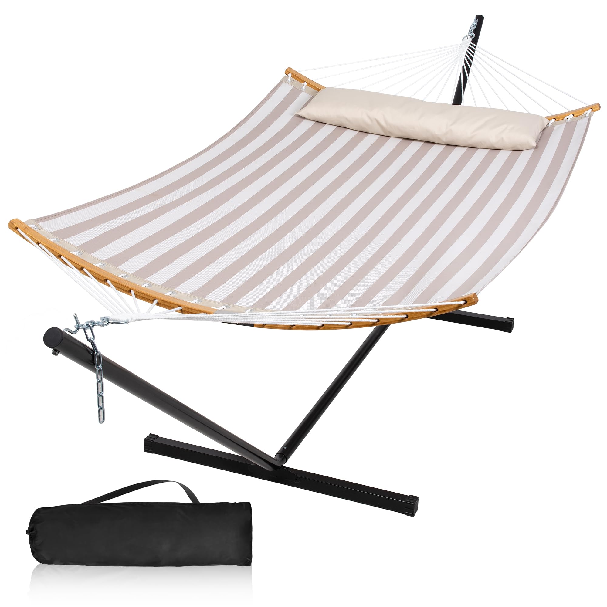 mansion home2 Person Hammock with Stand Included, Outdoor Quick Dry Hammock with Curved Spreader Bars, Pillow and Carrying Bag, 450 Lbs Capacity, Light Brown Stripe