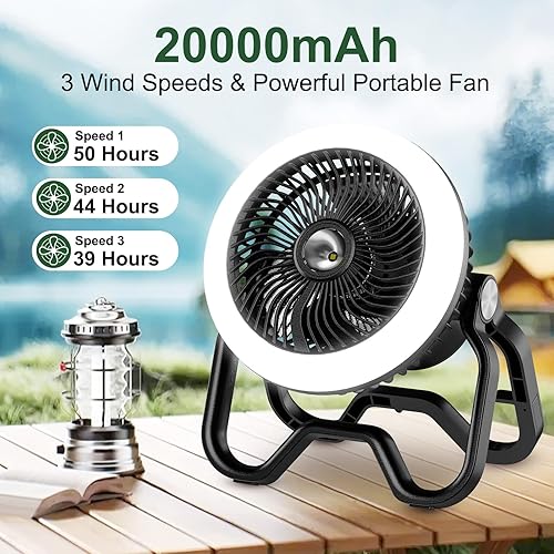Miniatura 3 de Linterna portátil recargable para campamento, 40 horas, 20000 mAh, inalámbrico, funciona con pilas, ventilador oscilante con control remoto, gancho