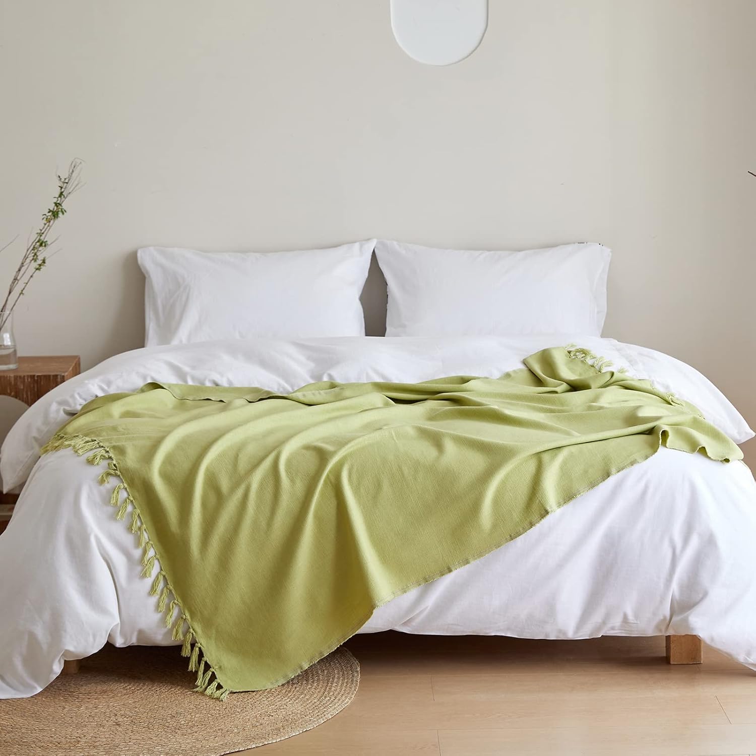 Simple&Opulence Boho Linen Throw Blanket for Bed, Couch, 50”x70” Pre-Washed Fringed Vintage Decorative Woven Blanket with Tassels, Breathable Durable Cozy Farmhouse Decor for All Seasons(Lime Green)