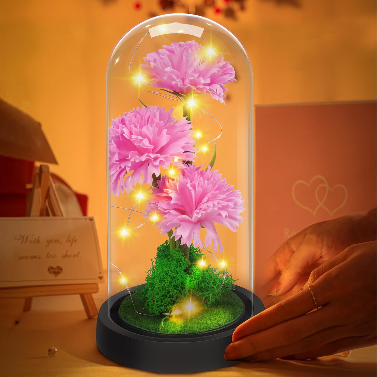 Touloube Regalo di San Valentino Fiori di Garofano per Donna, Fiore di Garofano in Cupola di Vetro, Regalo Anniversario, Compleanno,Guarigione, Fiore Artificiale Regalo per Donne Mamma Moglie