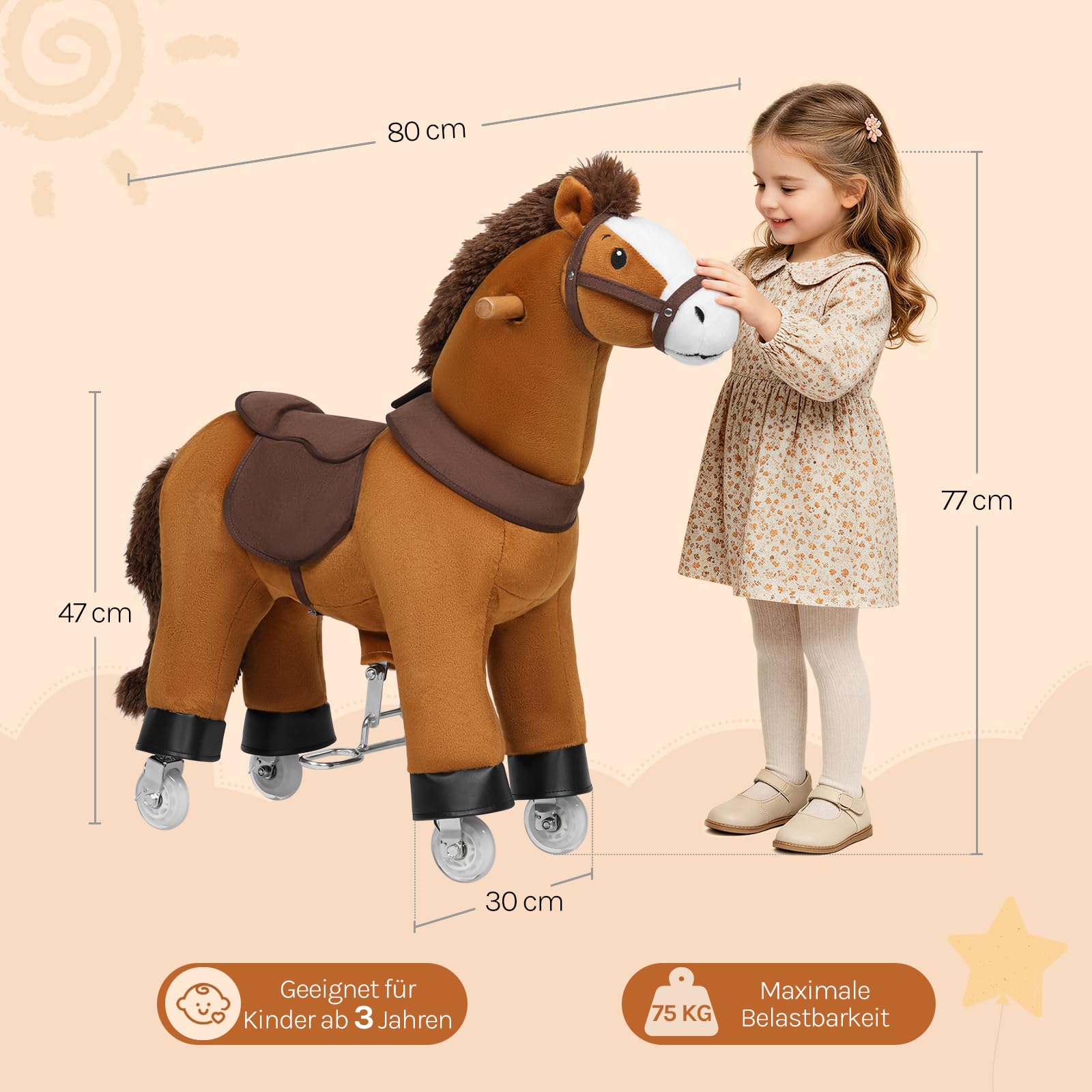 WOLTU Reitpferd für Kinder ab 4 Jahren, Plüschpferd auf Rollen mit Soundfunktion, Stehpferd aus Holz und Metall, Spielpferd zum Reiten, Kinderpferd für drinnen und draußen, Braun