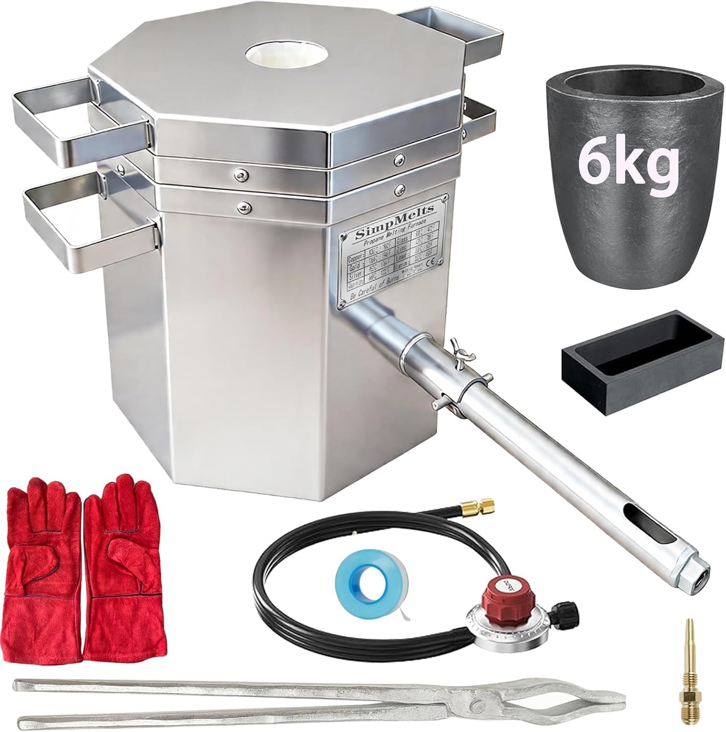 6KG Propane Melting Furnace Kit | High-Temp Smelting Furnace for Gold, Silver, Copper, Aluminum | Smelter Foundry Kit with Crucible & Tongs for Metal Casting (6KG Propane Melting Furnace)
