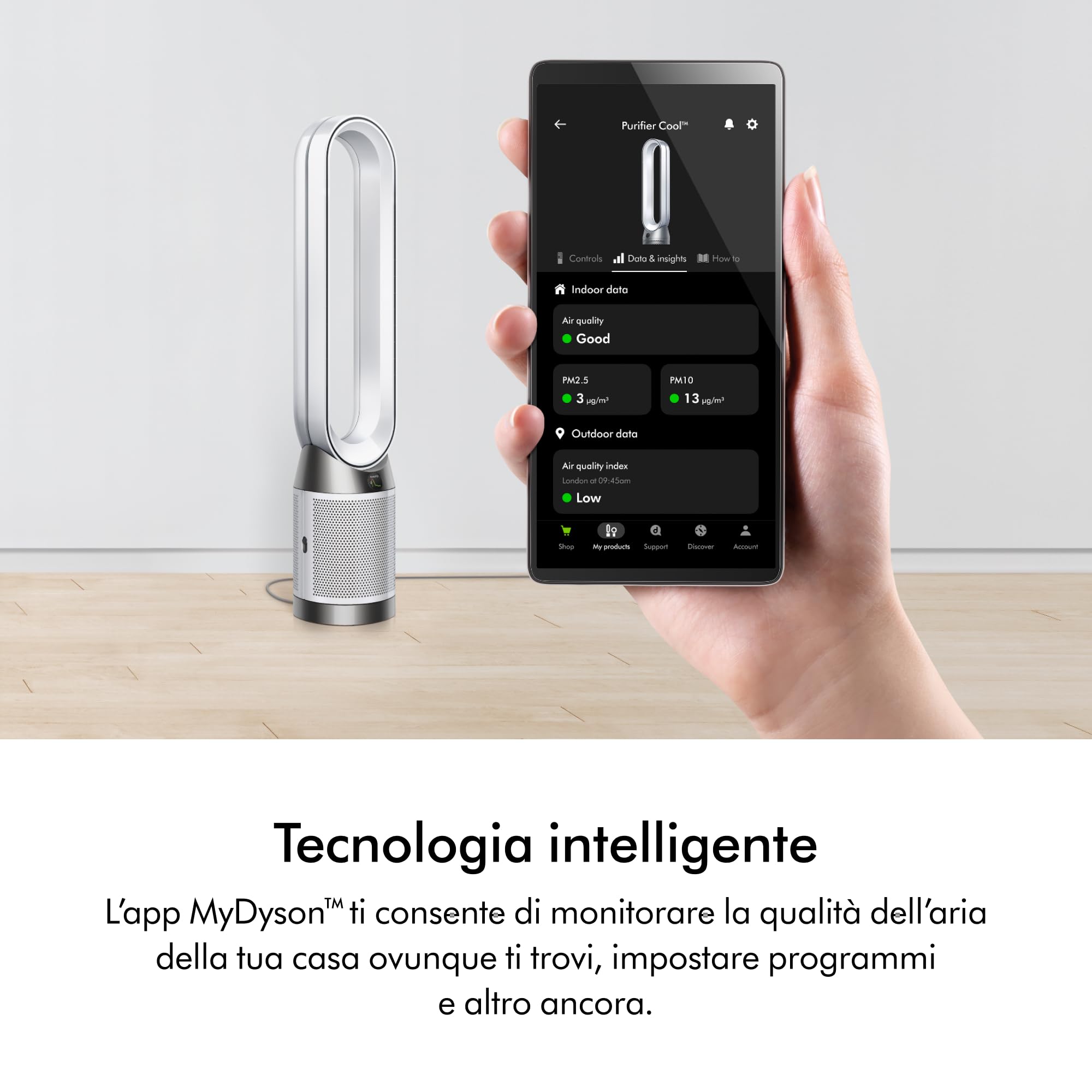 Dyson Purifier Cool™ PC1 Ventilatore a Torre con Purificatore d’Aria – Raffrescamento Potente e Purificazione dell’Aria in Tutto l’Ambiente, Controllo tramite App e Telecomando, Oscillazione a 350°