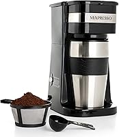 Mixpresso Single Serve Coffee Maker with 14oz Travel Mug - Compact Ground Coffee Brewer, Reusable Filter, Auto Shut-Off, Portable Drip Maker