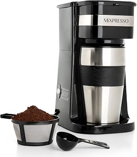 Mixpresso Single Serve Coffee Maker with 14oz Travel Mug - Compact Drip Brewer for Ground Coffee, Reusable Filter, Auto Shut-Off