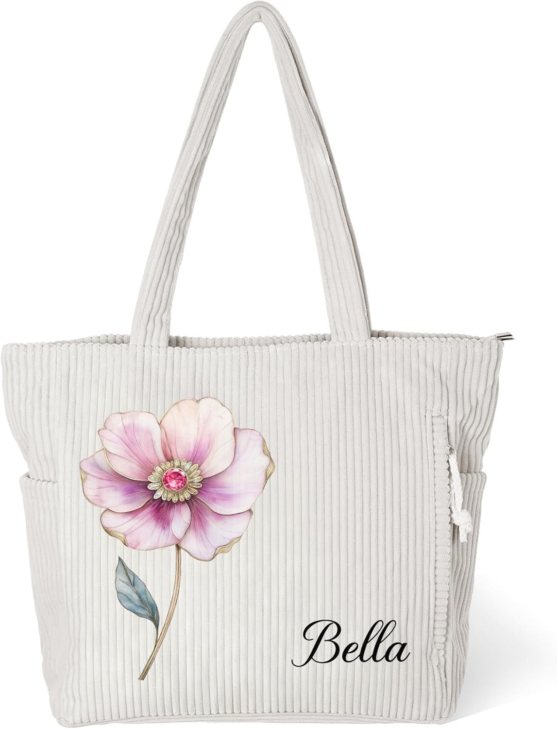 Personalized Retro Gemstone Birth Flower Corduroy Bag Large Custom Name Travel Tote Bag With Side Pocket Zipper Work Everyday Mother Handbags Birthday Christmas Gifts for Women Daughter Grandma