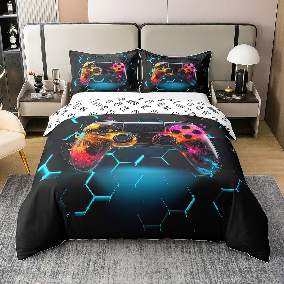 richhome Jungen Männer Gaming 100% Baumwolle Bettbezug Pigment Tie Dye 3D Gamepad atmungsaktiv Tröster Abdeckung für Schlafzimmer, blaue Neon Lichter Tröster Abdeckung mit 1 Kissenbezug 135x200