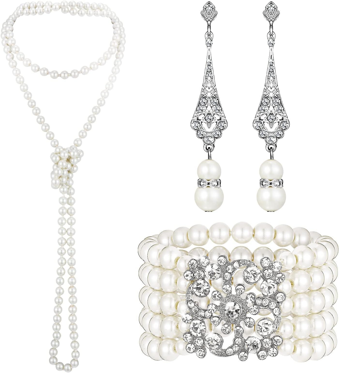 MaitysMaitys 3 Pcs 1920s Pearl Jewelry Set Includes Vintage Flapper Earrings Multilayer Imitation Pearl Necklace Bracelet for Women