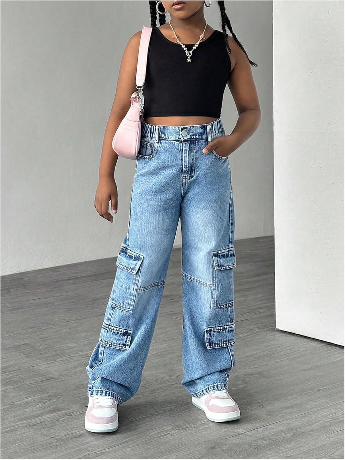 WDIRARA Girl's Baggy Cargo Jeans High Waisted Straight Leg Denim Pants with Flap Pockets - Image 5