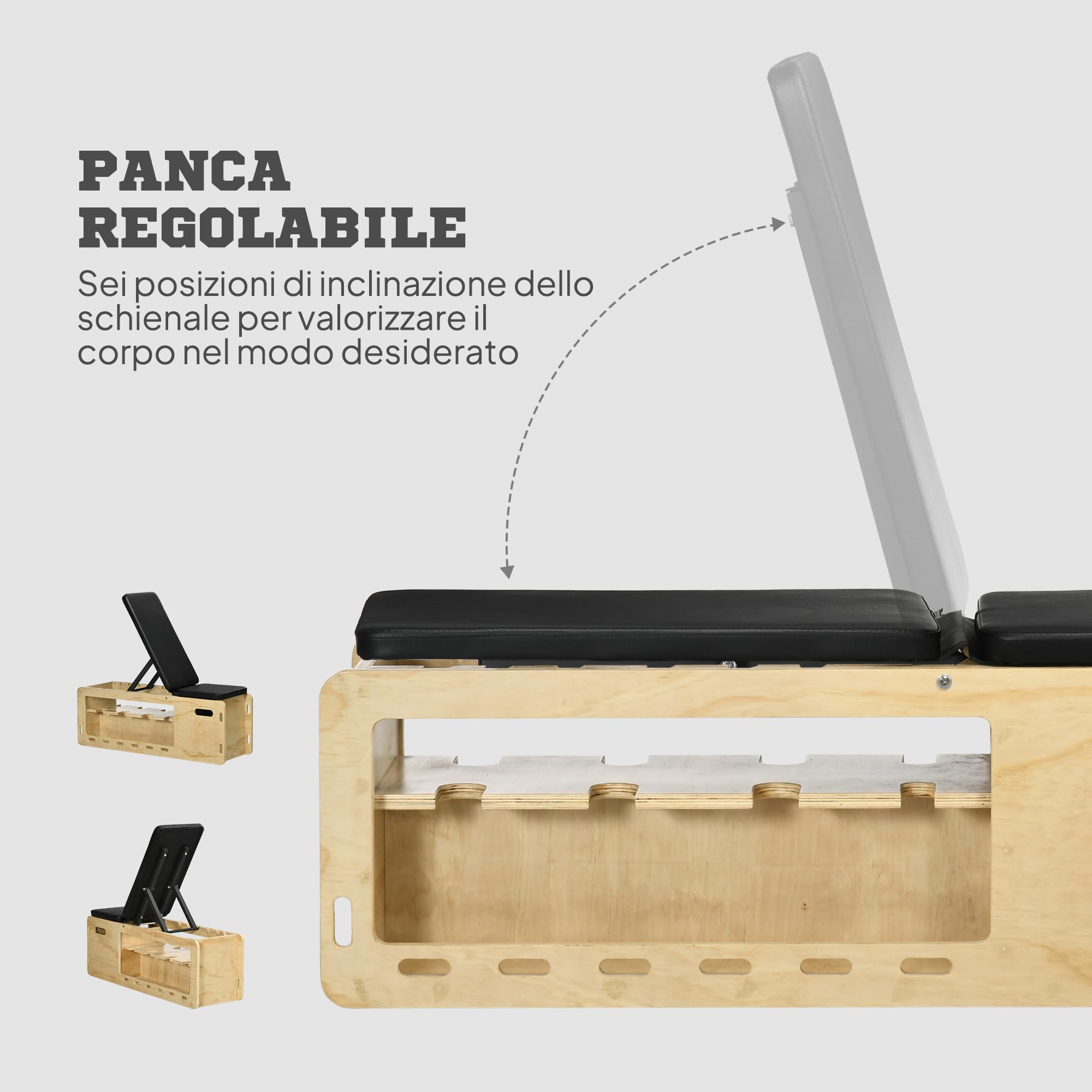 HOMCOM Panca Palestra con Schienale Regolabile a 6 Livelli, Panca Addominali Multifunzione Inclinabile, con Vano Contenitore e Rack per Pesi, Bande di Resistenza, per Allenamento Casa, Color Legno