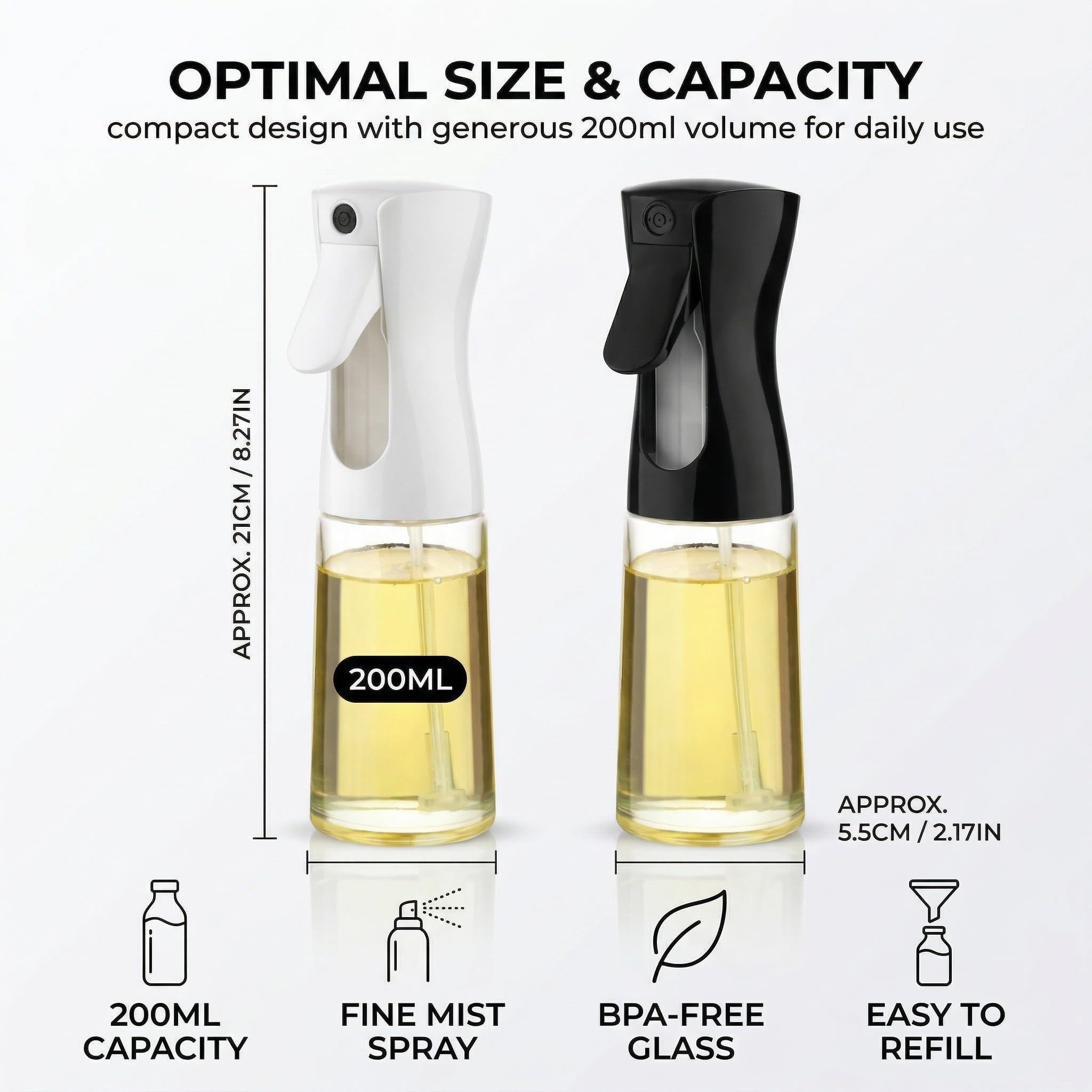 Pulverizador de Aceite para Cocina 2 Piezas 200ml, Spray Aceite y Vinagre de Plástico, Dispensador de Aceite en Spray para Freidora de Aire, Ensaladas y Barbacoa, Color Blanco y Negro