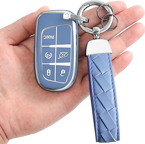 Funda para llavero con llavero de cuero, TPU suave de 5 botones, compatible con llave de automóvil Grand Cherokee Renegade 2014-2023 para control