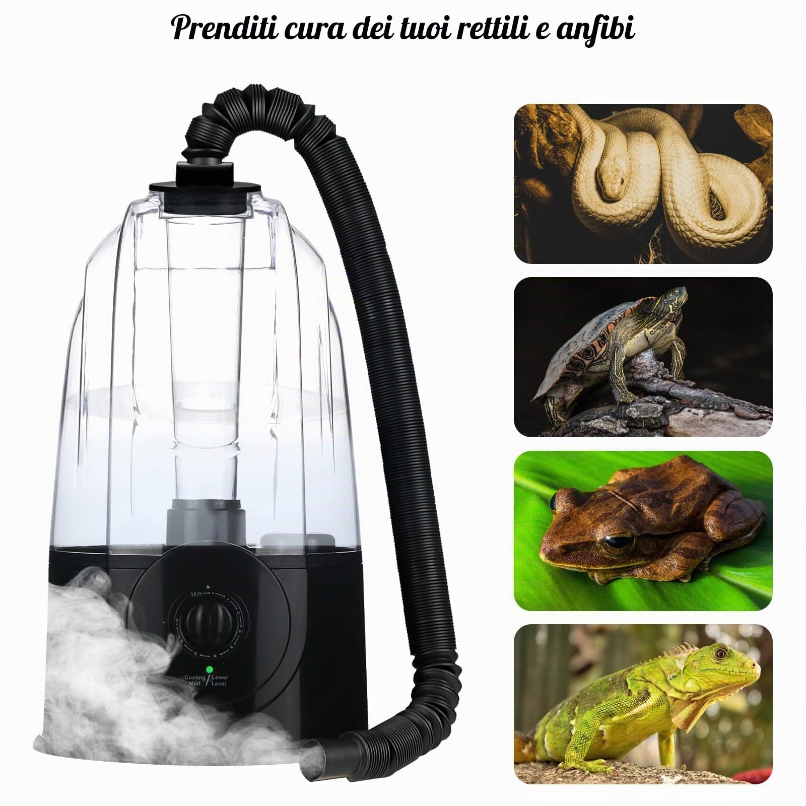 Coospider Umidificatore d'aria per rettili, 3 l, 380 ml/h, nebulizzatore terrario ad alte prestazioni, con 2 tubi di prolunga, nebulizzatore regolabile per rettili, anfibi, serpenti, lucertole