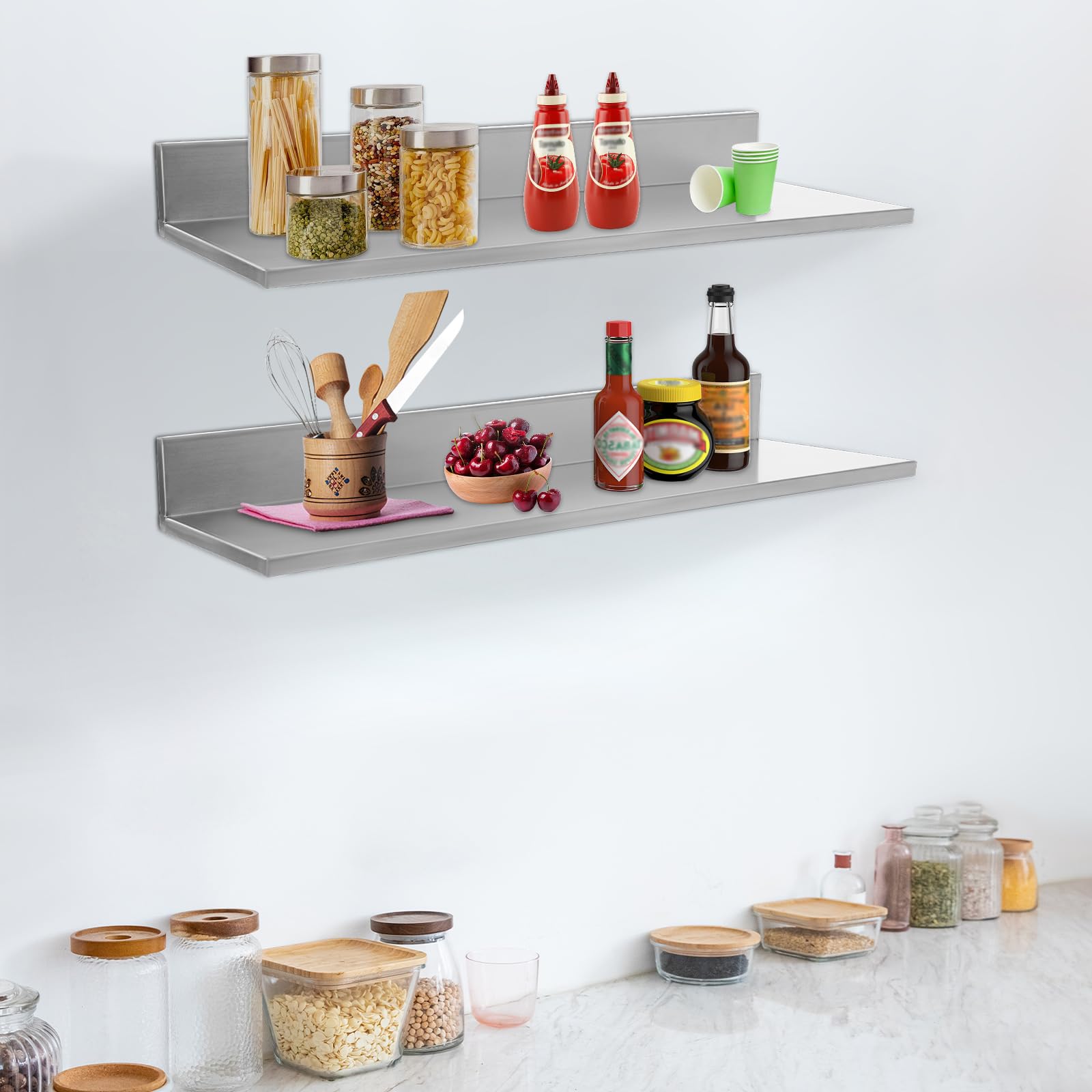 Juego de 2 estanterías flotantes de acero inoxidable, en forma de L, 76 x 22 cm, inoxidable, con capacidad de carga de 20 kg y montaje fácil, para cocina, baño, especias/gel de ducha