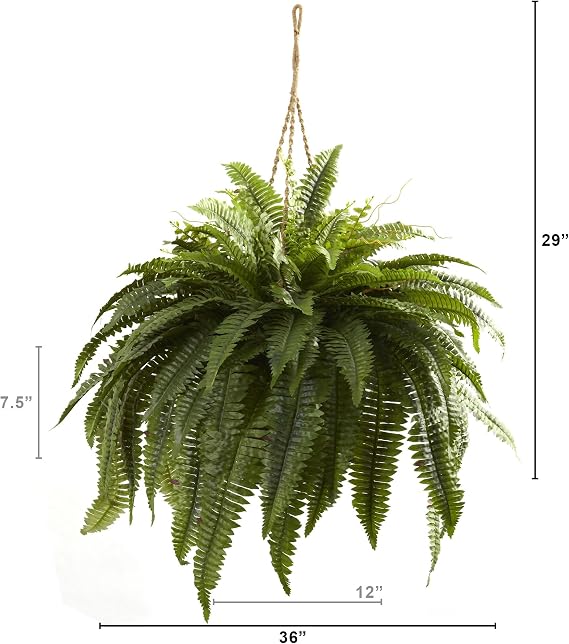 Nearly Natural Giant Boston Fern 36 in Wide Artificial Hanging Plant with Basket - Faux Greenery for Indoor Home Office Bedroom Decor, Realistic Leaves