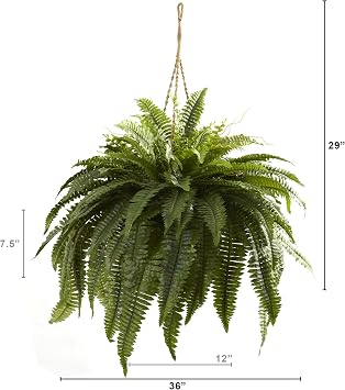 Nearly Natural Giant Boston Fern 36 in Wide Artificial Hanging Plant with Basket - Faux Greenery for Indoor Home Office Bedroom Decor, Realistic Leaves