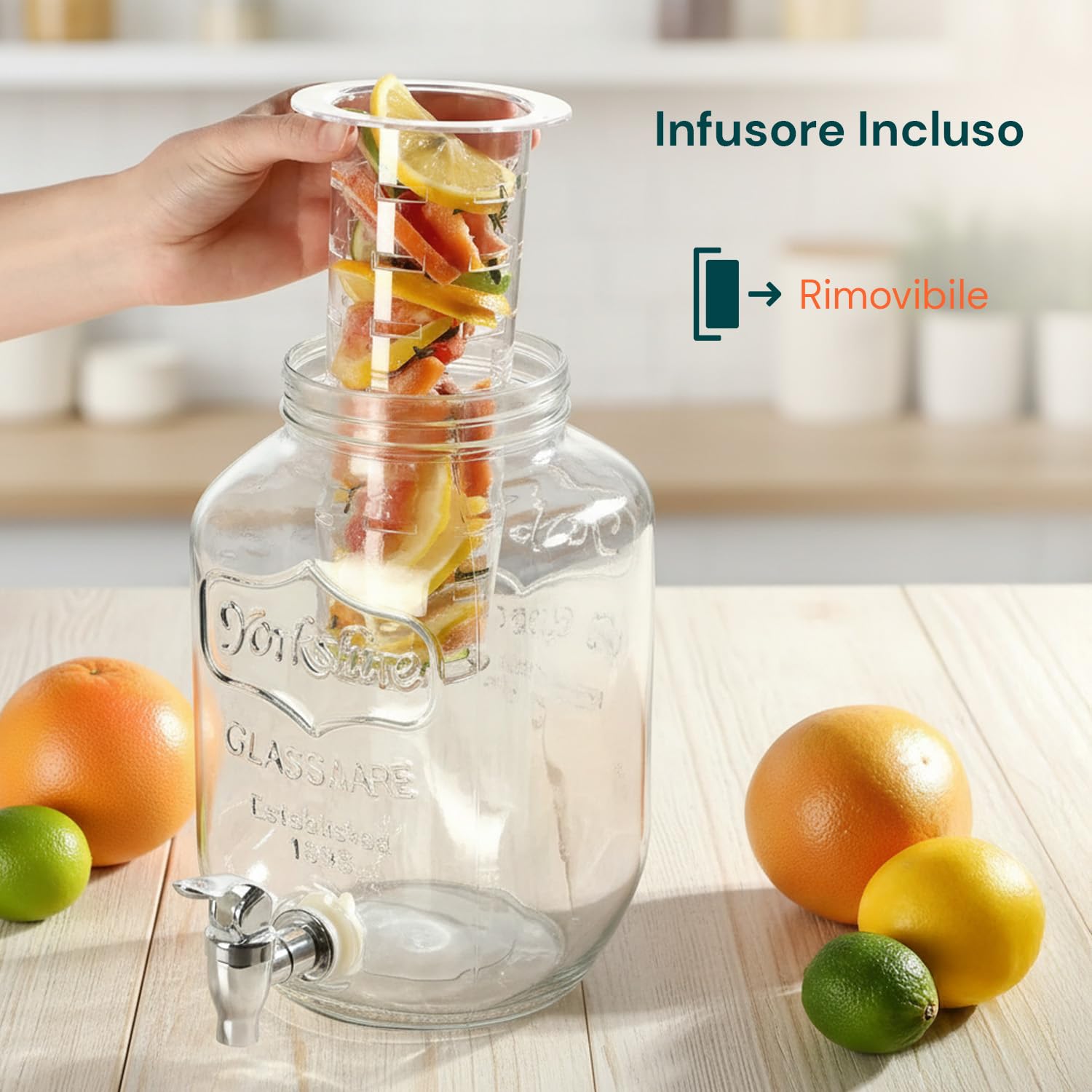 Avilia - Dispenser Bevande in Vetro 4L con Rubinetto e Infusore Integrato, Contenitore per Acqua e Succhi per Cucina e Ufficio, con Coperchio in Alluminio per Uso Quotidiano ed Eventi