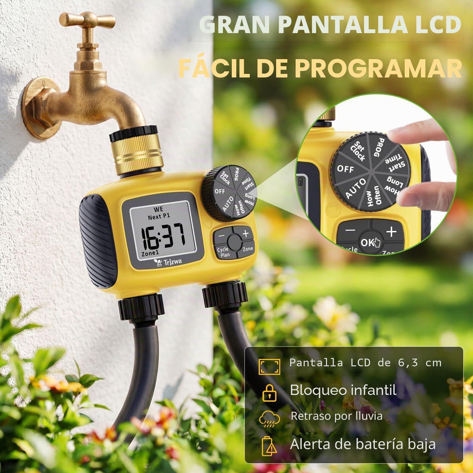 Ordenador de Riego con 2 Salidas, Riego por Goteo Programable con Entrada de Latón,Riego Automático con Temporizador, IP55, Resistente al Agua,Sistema de Temporizador de Riego Digital