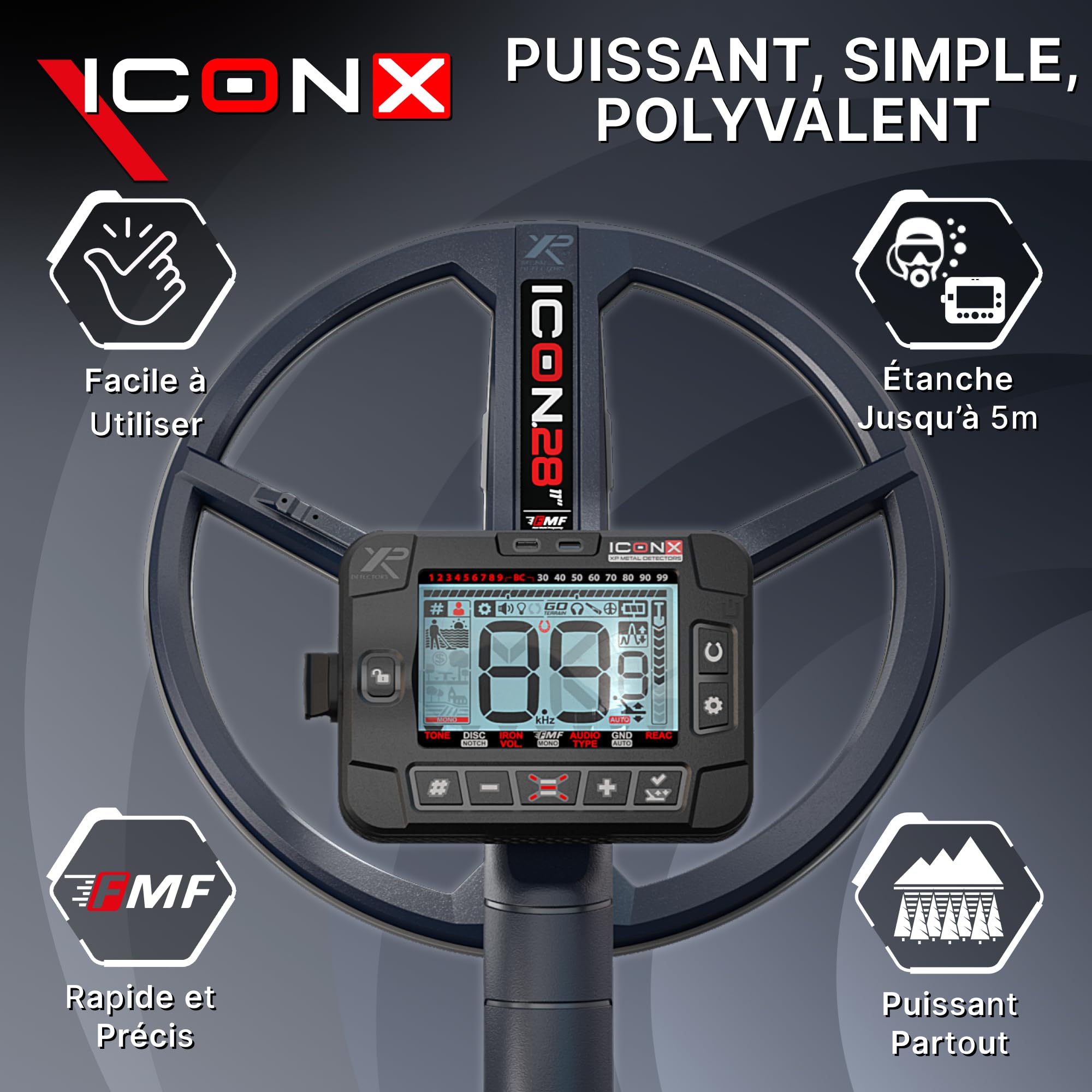XP Metal Detectors ICONX - Détecteur de Métaux sans Fil Multifréquence, Casque WSAST, Ultra Léger, Étanche 5m, Disque FMF 28 cm, Compatible Univers Deus II (ICONX-28FMFRCWSAST)