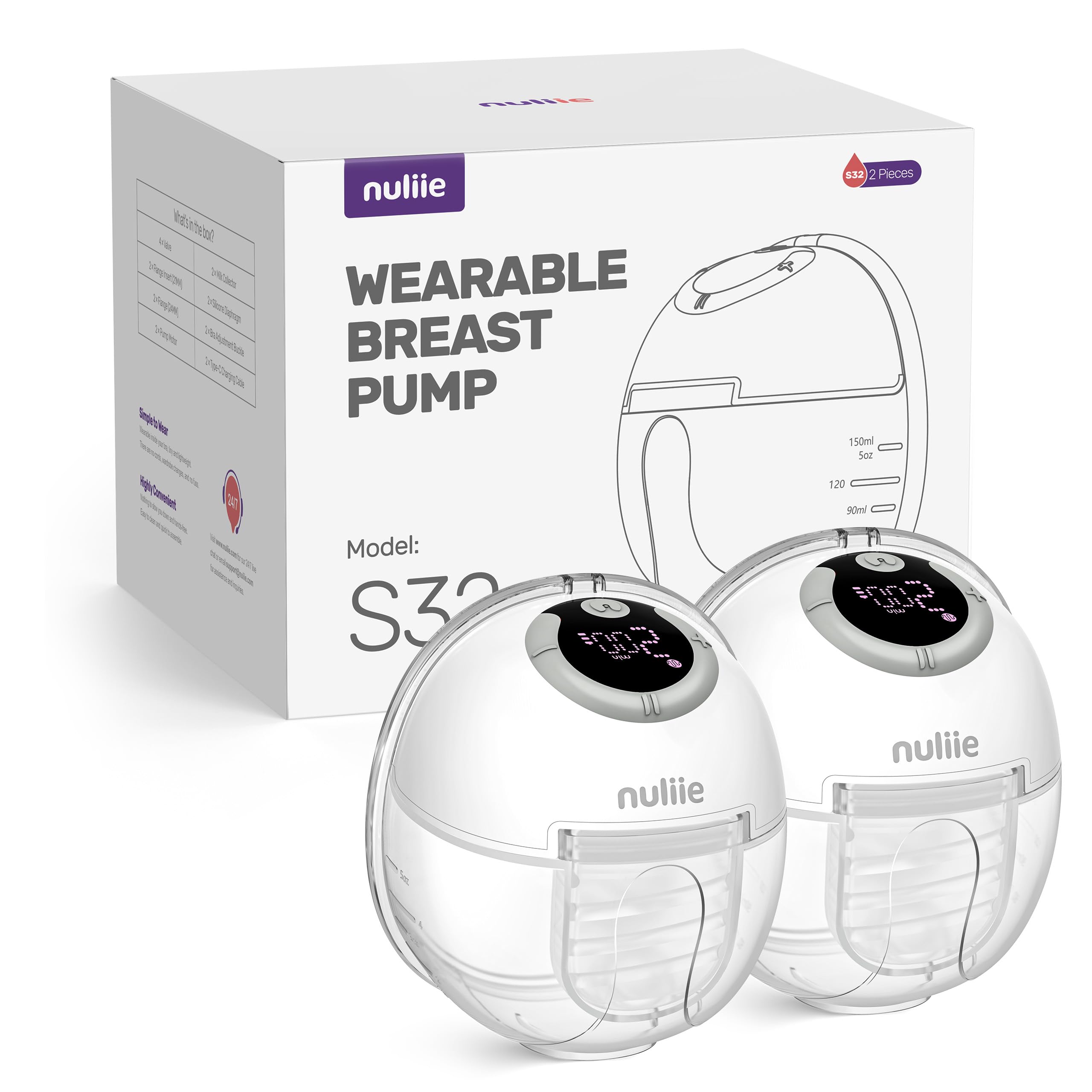 Nuliie Tire-Lait Électrique Mains Libres Double – 4 Modes 12 Niveaux, Brides 14-27 Mm, Batterie 1200 MAh, Sac De Transport, 2 Unités Blanc