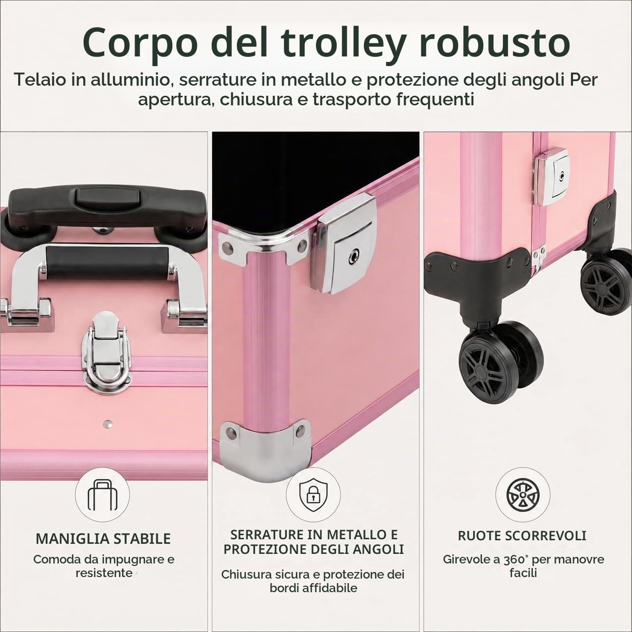 Rolling Makeup Train Case, valigetta per cosmetici in alluminio con luci da specchio, grande trolley per trucchi, organizer per unghie, Colore: rosa., Trolley valigetta cosmetica