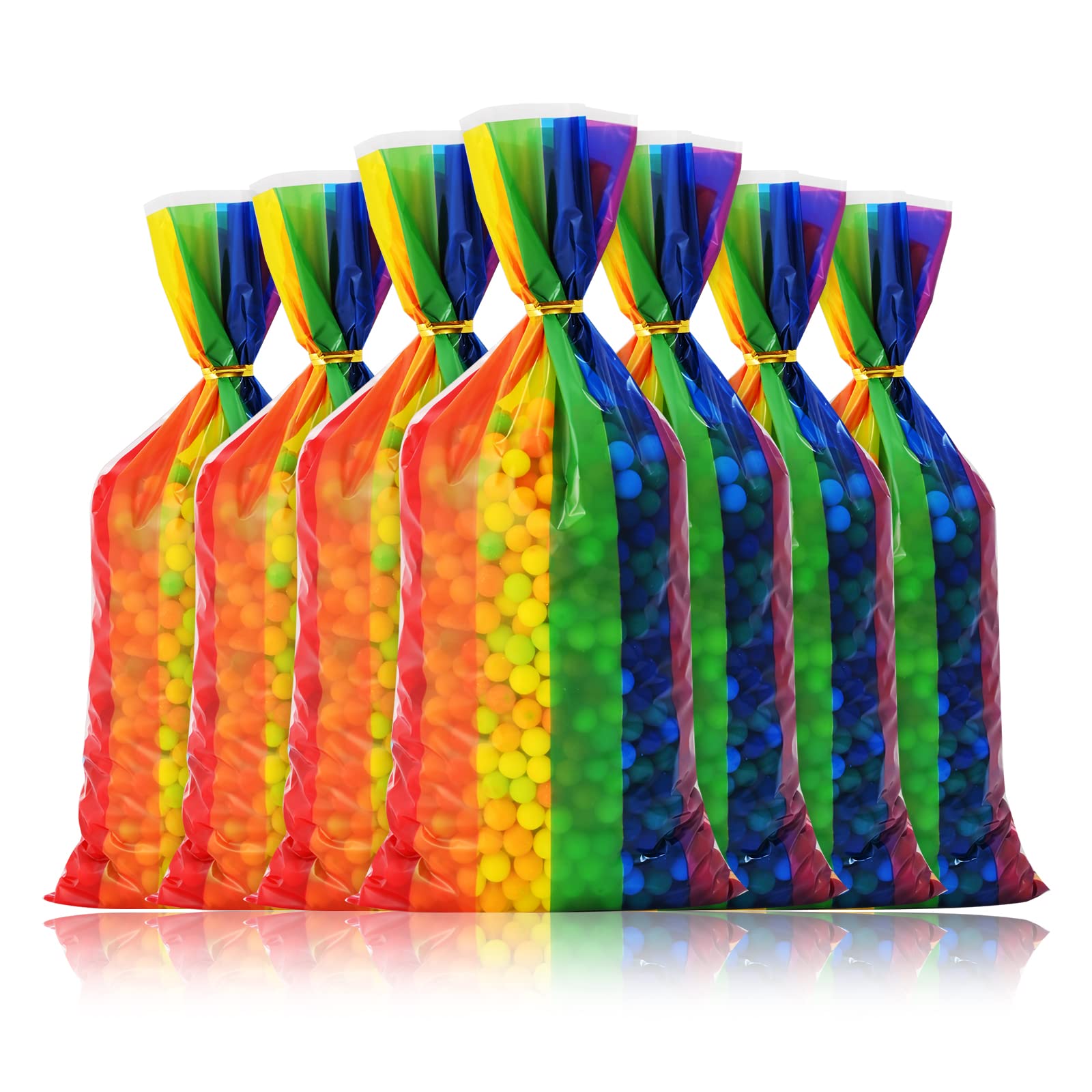 Lecpeting 100 Pcs Rainbow Treat Bags Rainbow Stripes Print Cellophane Candy Bags with Twist Ties for Baby Shower Birthday Party Supplies