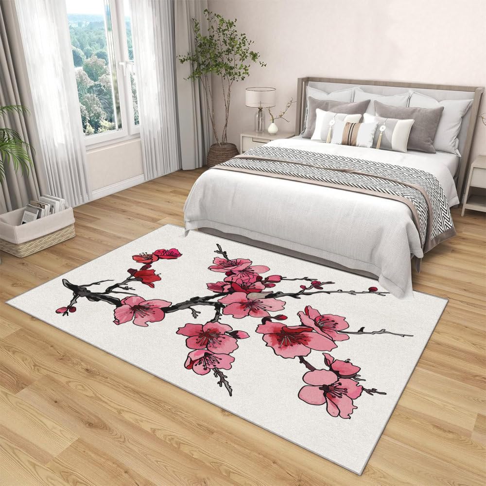 Tapis lavable vintage salon 120x170 cm à fleurs blanches