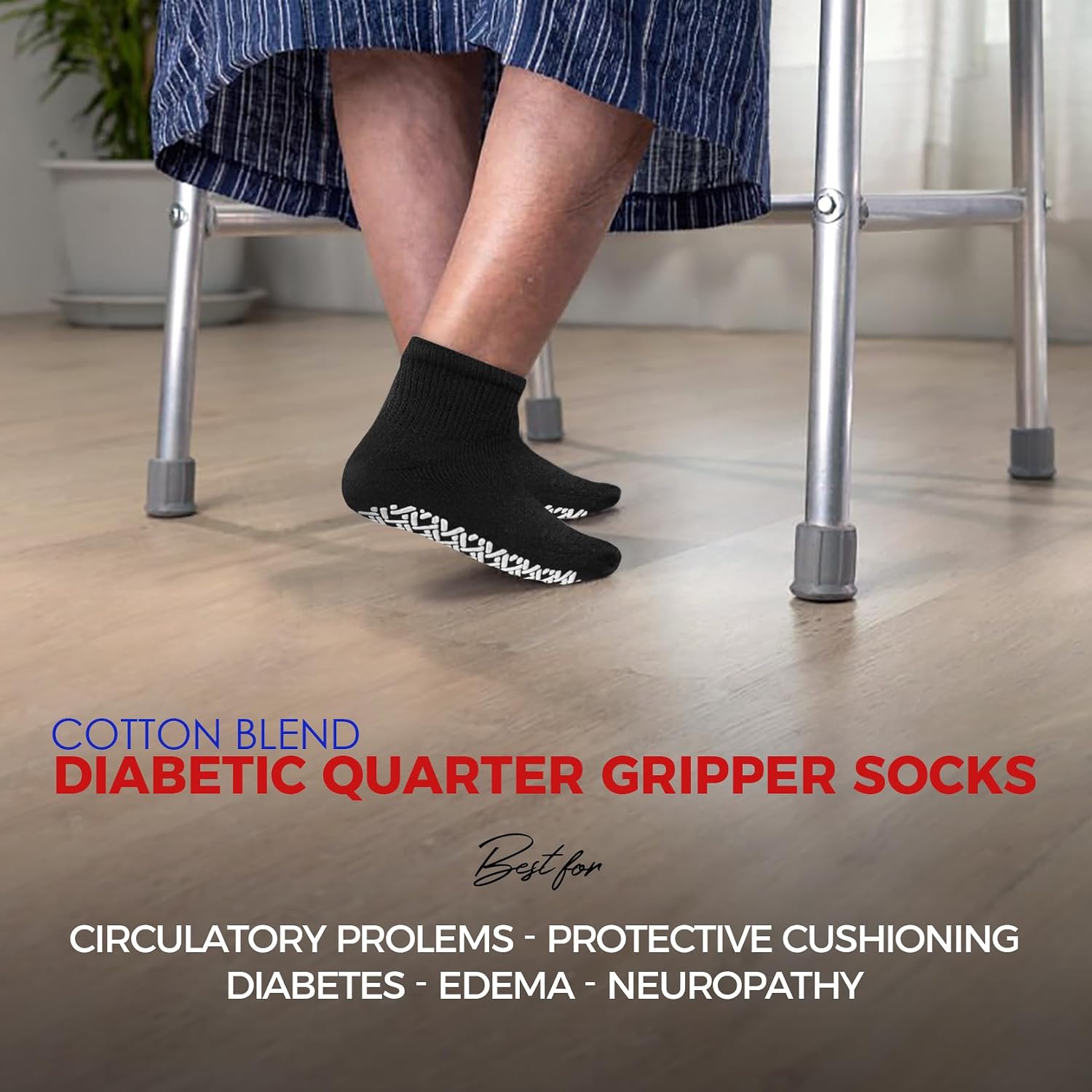 Diamond Star Hospital Gripper Socks for Men & Women, Non-Binding Diabetic Cotton Socks, Cushioned Quarter for Swollen Feet