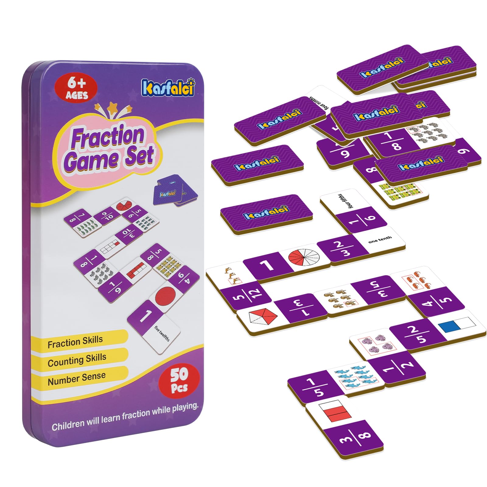 Kasfalci Fraction Dominoes Set,Math Games for Kids,Math Manipulatives,Counting Toys,Learning Games,Preschool Learning Activities,Homeschool Supplies,