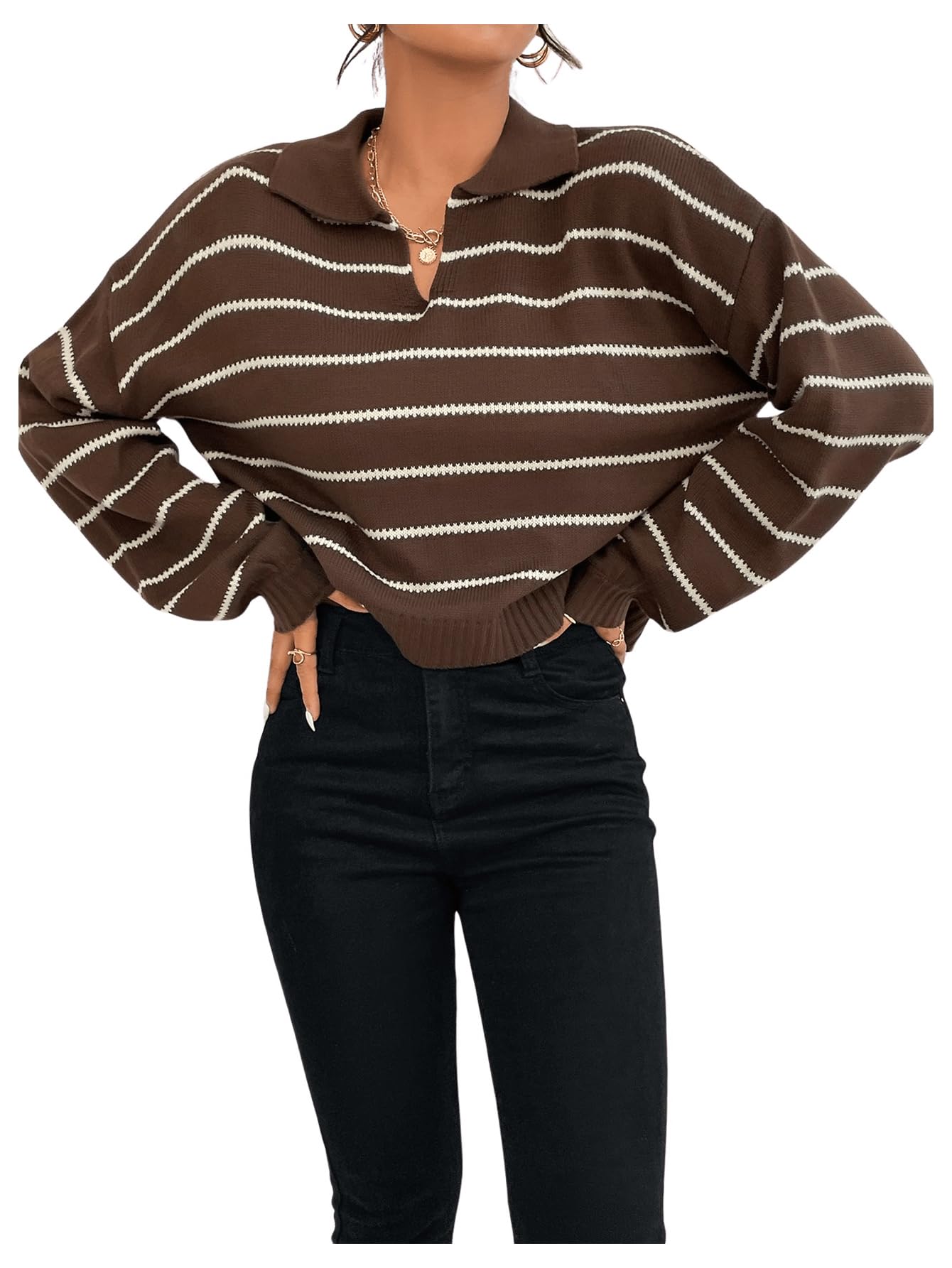 OYOANGLE Womens Striped Knit Sweaters Lapel V Neck Long Sleeve Crop Pullover Jumper Tops