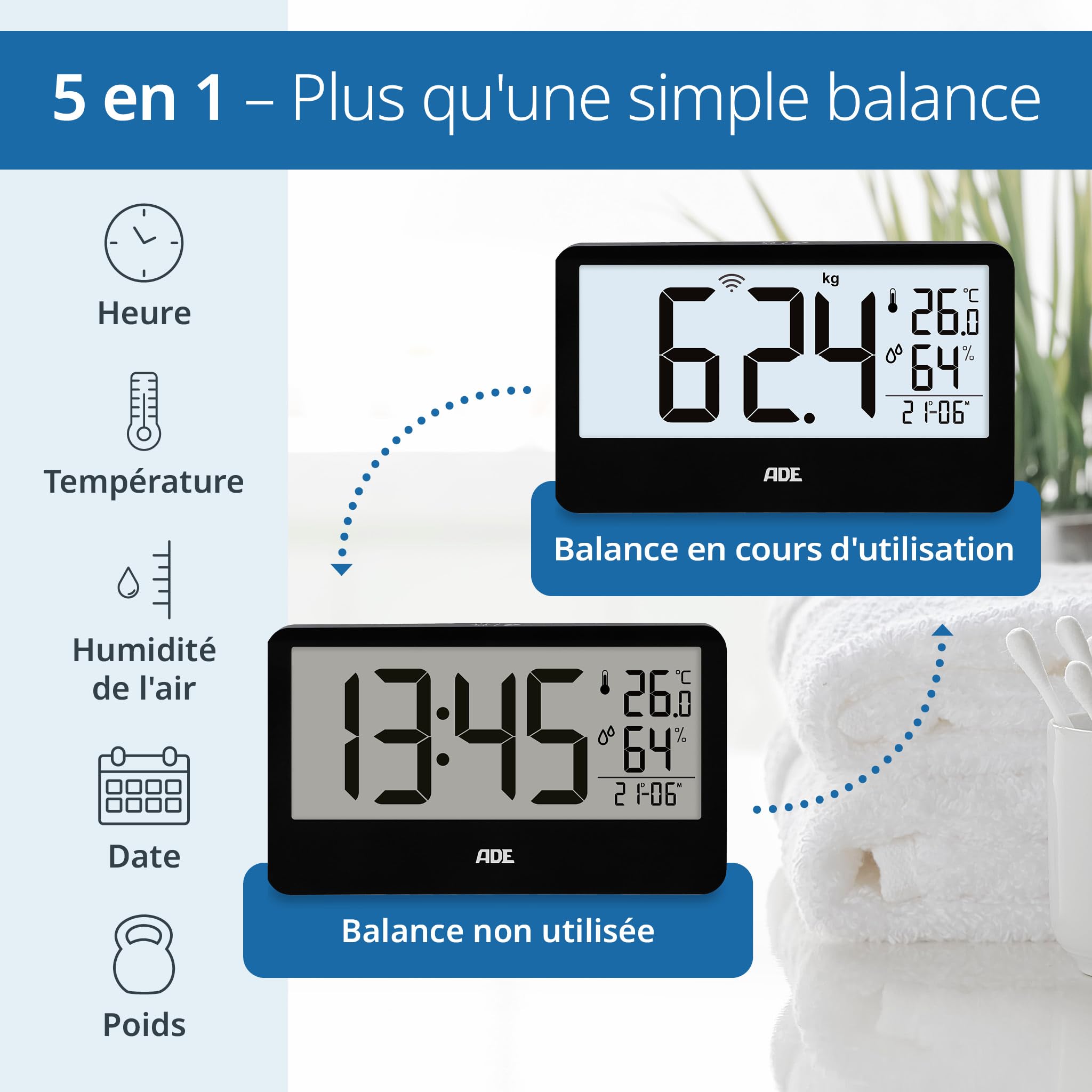 ADE Balance pèse-personne numérique avec écran externe | pour personnes jusqu'à 180kg | poids lisible à hauteur des yeux | balance pour seniors | avec horloge, hygromètre, thermomètre intérieur | Noir