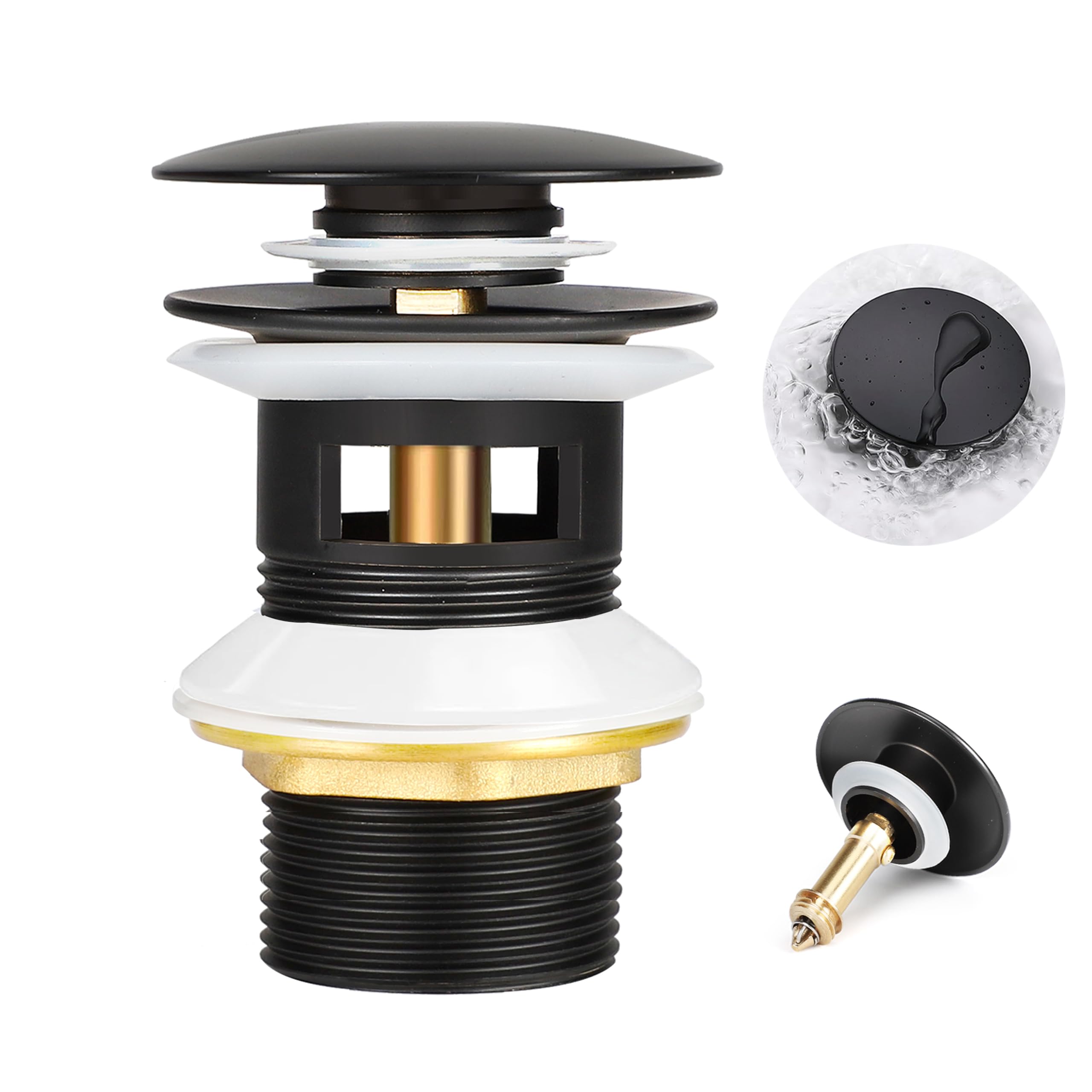 Scarico Lavabo Bagno con Troppopieno, Piletta Bidet Click Clack Ottone Tappo di Scarico Lavabo Universal G1 1/4" Piletta Lavabo Bagno Valvola Pop Up per lavandino Bidet Vasca, Nero Opaco