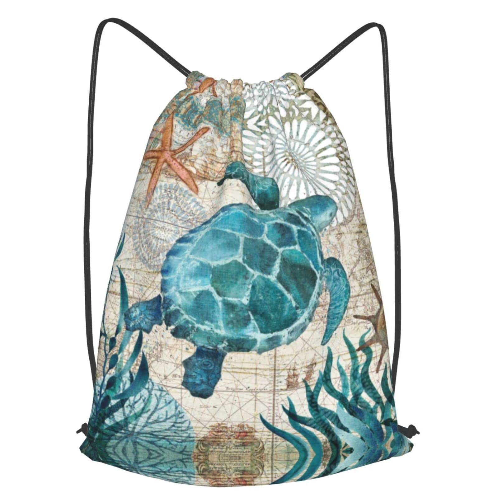 GocerktrMarine Life Theme Sea Turtle Drawstring Backpack for Women Men Waterproof String Bag Lightweight Gym Sackpack Beach Hiking Yoga Travel