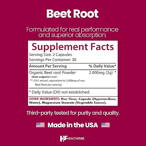 Miniatura 3 de Healthfare Raíz de remolacha de 2000 mg 60 cápsulas vegetales Polvo de remolacha orgánica Suplemento limpio a base de plantas Sin OMG y sin
