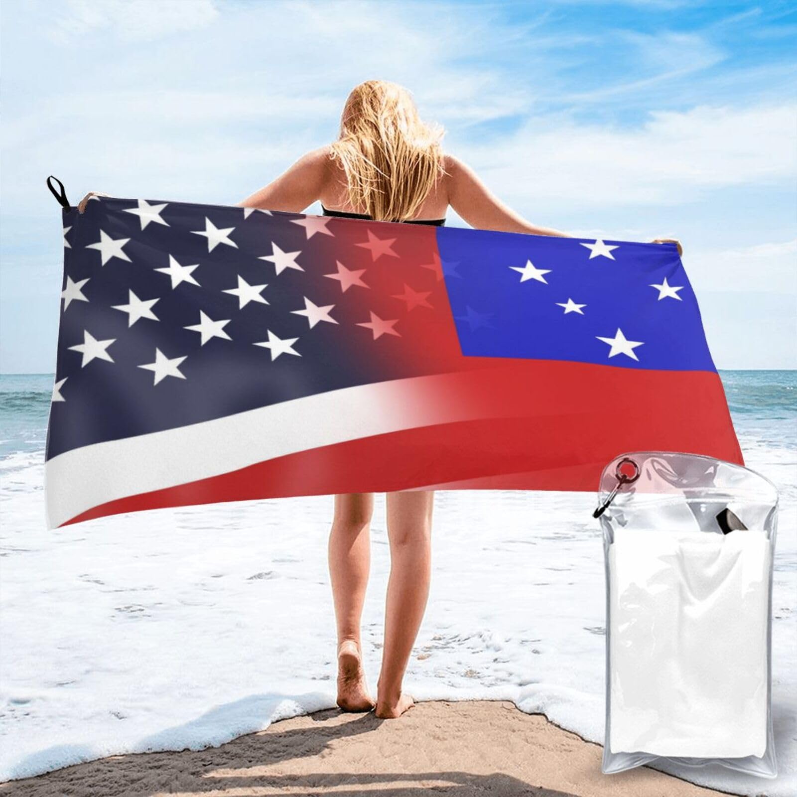 HACXZ Funny America Flag and Samoa Samoan Flag Absorbent Beach Towel Microfiber Beach Shower Towel 31.5"X63"