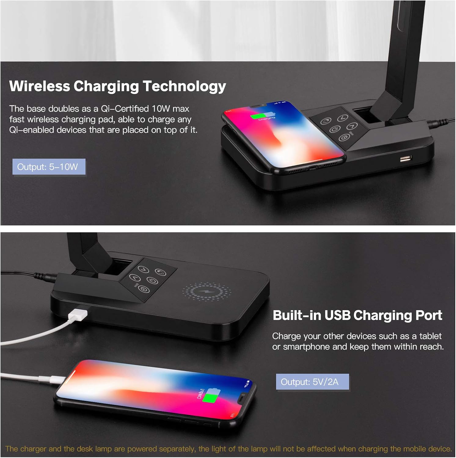 LED Desk Lamp, Colorsmoon 2 in 1 Dimmable Office Table Lamp with 35 Light Settings, Built-in Wireless Charger & USB Charging Port, Multifunctional, Perfect for Home Office/Living Use/Study/Read - - 